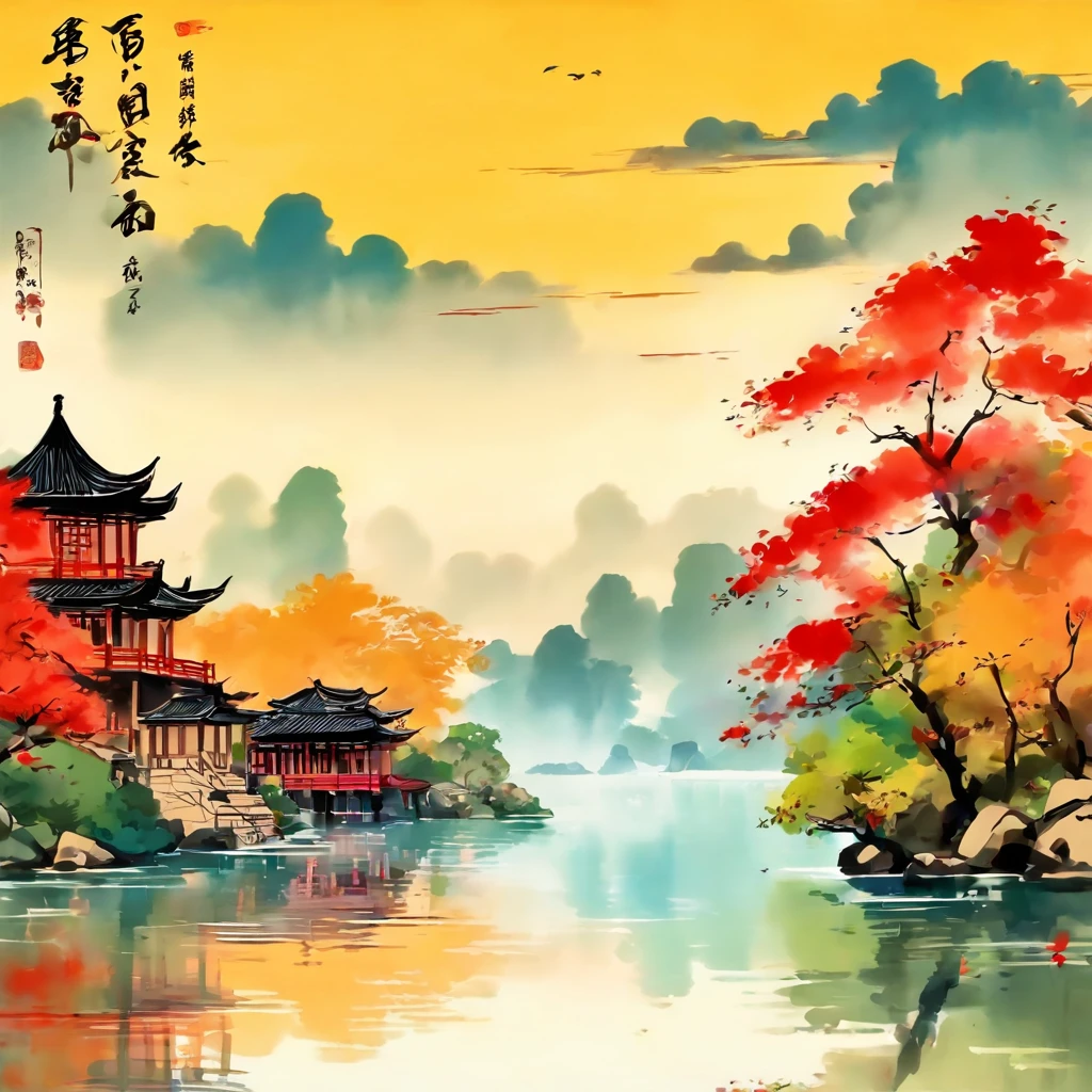 Yueyang Mansion,Dongting Lake,In the distance, The water and sky are colorful,Tradition Chinese Ink Painting,wide high angle view,Beautiful poster,qi baishi style