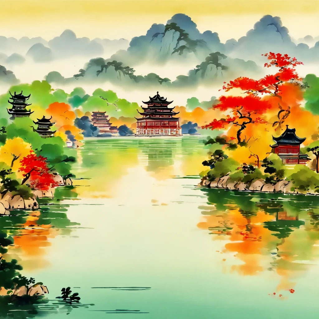 Yueyang Mansion,Dongting Lake,In the distance, The water and sky are colorful,Tradition Chinese Ink Painting,wide high angle view,Beautiful poster,qi baishi style
