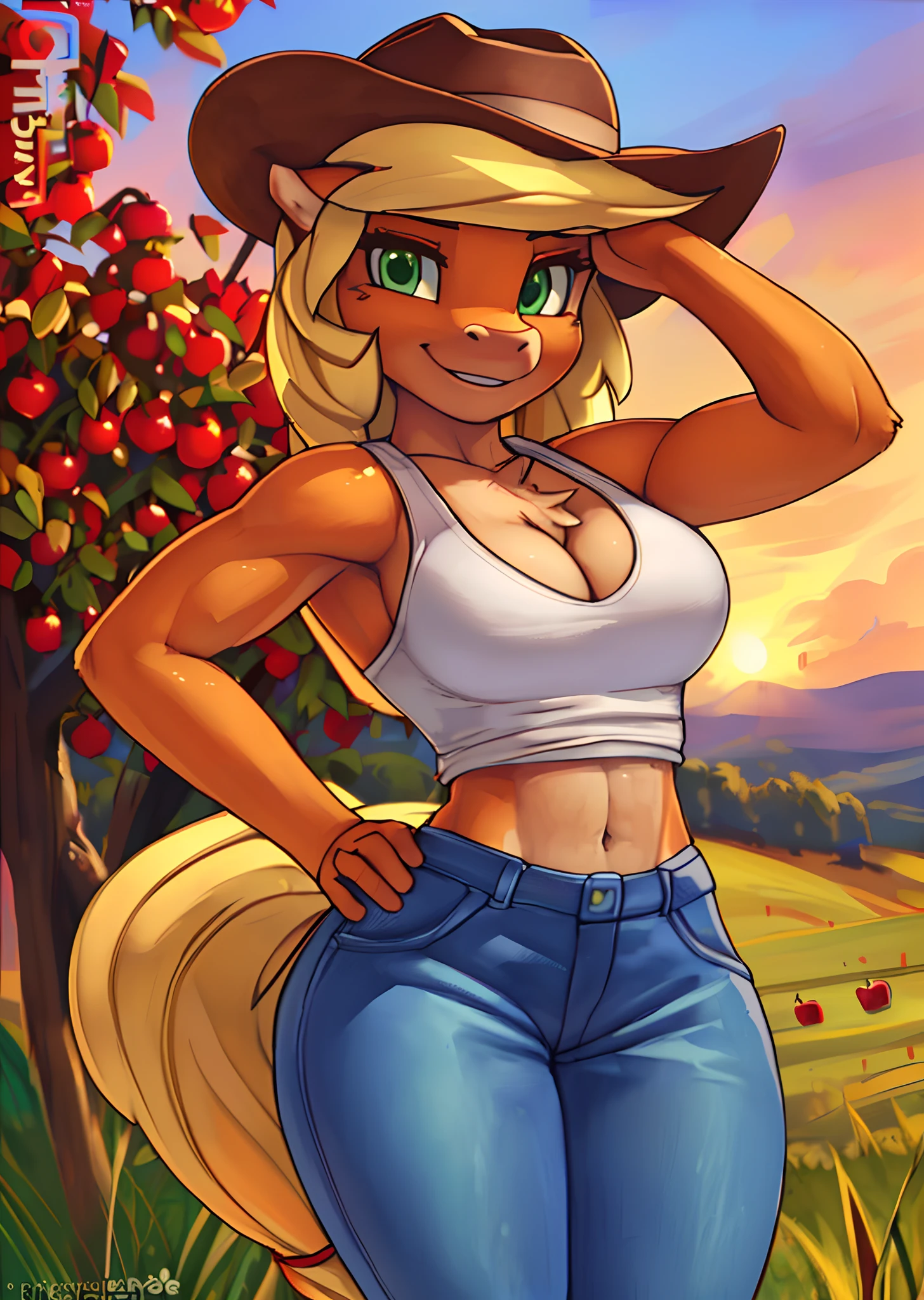 [applejack], [Uploaded to e621.net; (siden), (Pixelsketcher), (mayosplash), (wamudraws)], ((masterpiece)), ((HD)), ((high quality)), ((solo portrait)), ((cowboy shot)), ((furry; anthro)), ((detailed fur)), ((detailed shading)), ((beautiful render art)),  ((intricate details)), {anthro horse; (slim figure), (orange fur), bright green eyes, horse snout, long blonde hair, (gorgeous hips), (defined muscles), happy smile}, {(white Tank top, (cleavage), (tight blue jeans), brown cowboy boots, cowboy hat}, {(standing), (hand on hip), (hand on head), (looking at viewer)}, [background; (apple orchard), (sunset)]