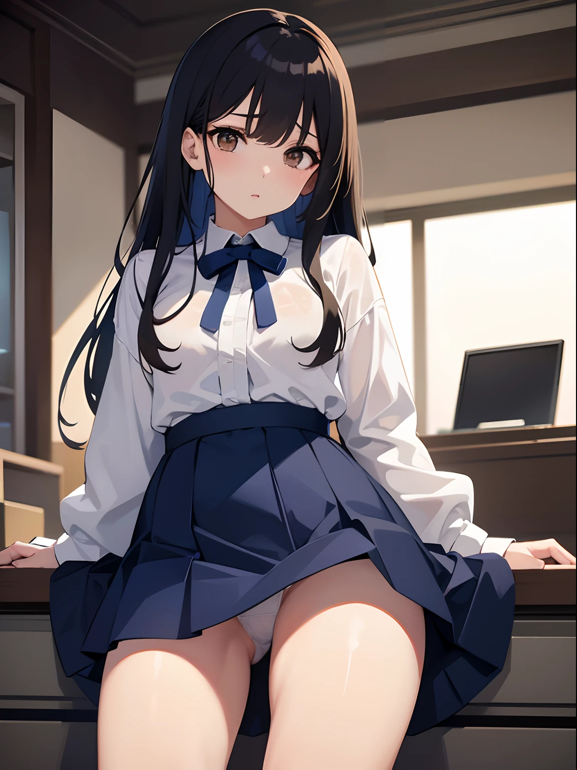 in 8K、top-quality、​masterpiece、ultra-detailliert、超A high resolution、1 female、Medium chest、Sheer white blouse、Dark blue tight mini skirt、white panty、On the office desk、laying on back、Rape、Bend your knees and open your legs wide、Brown eyes、opening legs widely、half-opened mouth、A look of shame