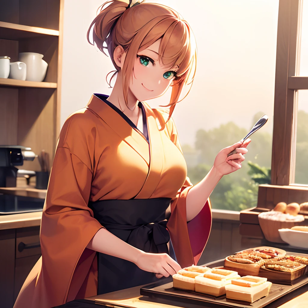 (Best Quality,4K,8K,hight resolution,masutepiece:1.2),Ultra-detailed,(Realistic,Photorealistic,Photorealsitic:1.37),1 cute woman,Cute face,Beautiful big green eyes,Beautiful orange updated hairstyles,Beautiful kimono,Bake a cake,Heat-resistant cooking gloves,Holding a griddle with several freshly baked cakes on it,Beautiful kitchen,happy smile,