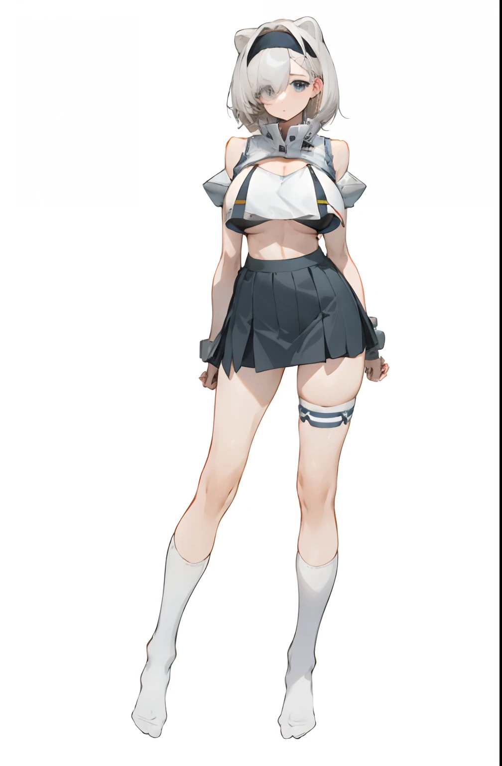Bigboobs，cropped shoulders，knee length socks，pleatedskirt，Show your arms，No shoes on