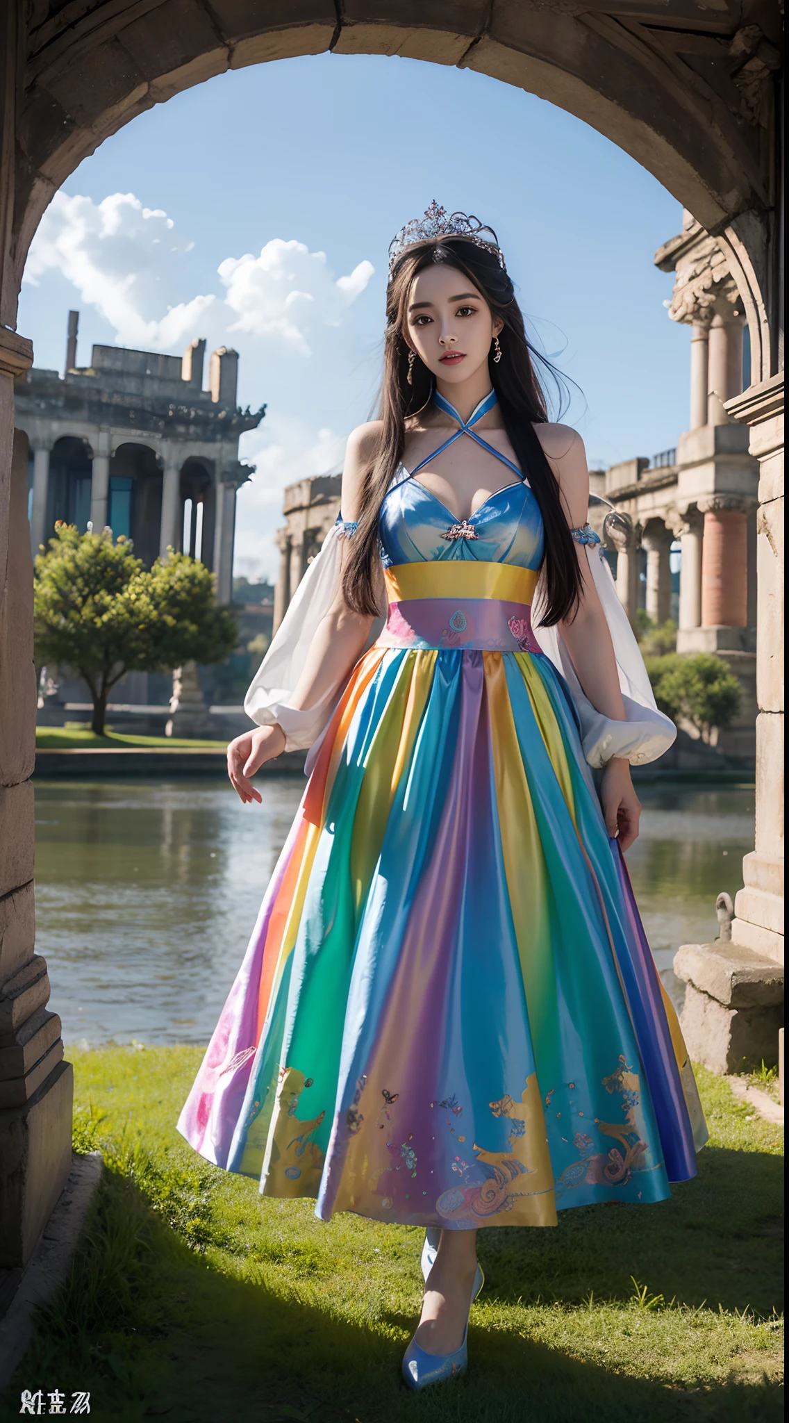 gorgeous Dilraba Dilmurat as Wuxia Princess amidst clashing natural Elements swirling upon magical Rainbow colors Carousel, heavy makeup, gothic running eyes mascara, Various elements of decaying architectural classical era ruins as backdrop, photorealistic, hyperrealism, professional photography, DSLR, HDR, holographic emerging from 2D to 3D, Retro Futurism theme, Chrome silver, atomic tangerine, sky blue