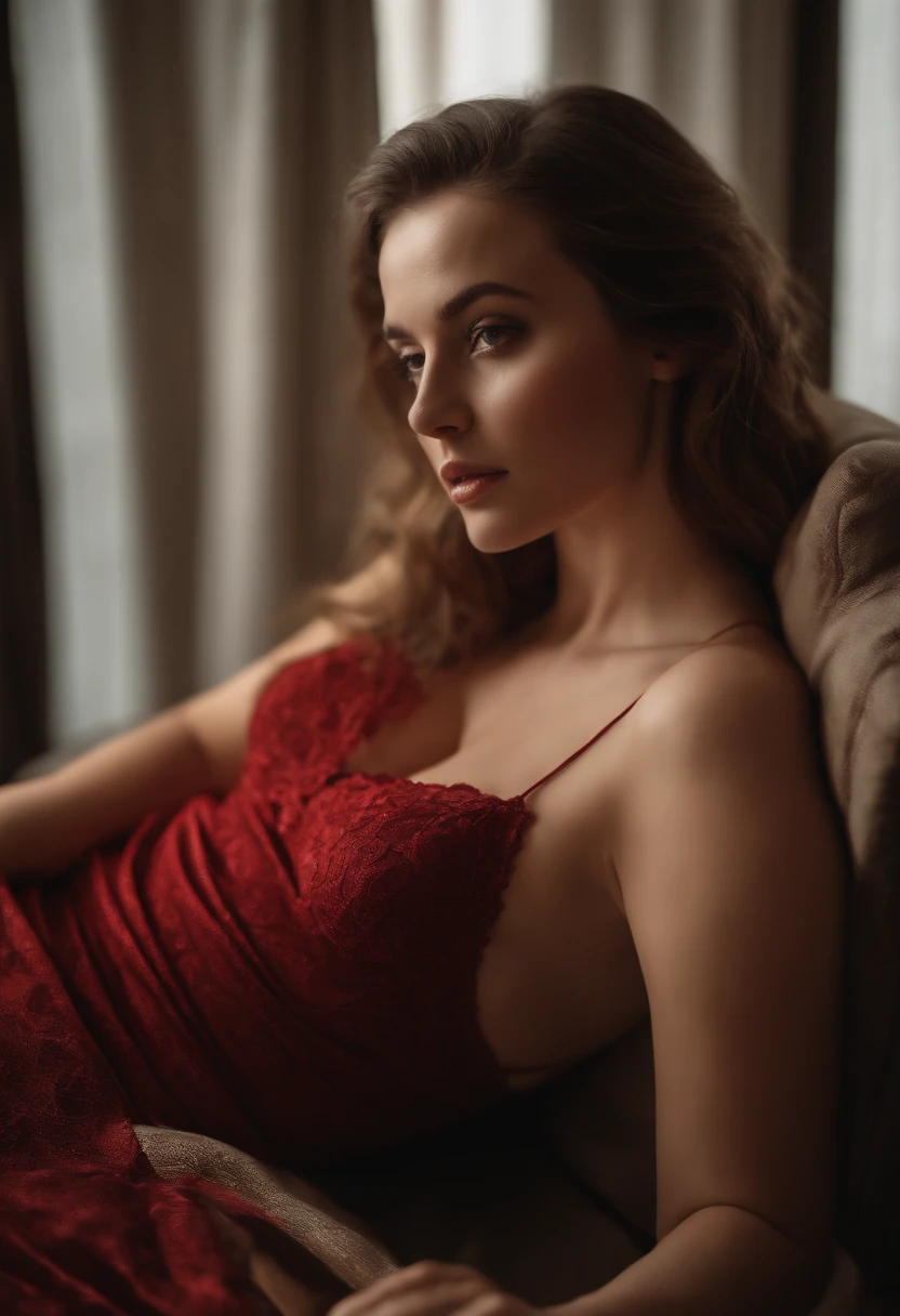 (masterpiece), 30 year old Ukrainian woman, super detailed, super detailed, 4k, high resolution, best quality, clear picture, expressive face, perfect face, very smooth face, chubby face, expressive eyes, delicate eyes, double eyelids, Perfect hands, perfect fingers, detailed fingers, Perfect legs, detailed legs, lip detail, long wavy hair, white skin, pale skin, perfect skin, sweaty skin, (super busty body), tall body, plump, (slim stomach), sexy thighs, red nightgown, lying down, looking towards the audience, Pose seductively in the room