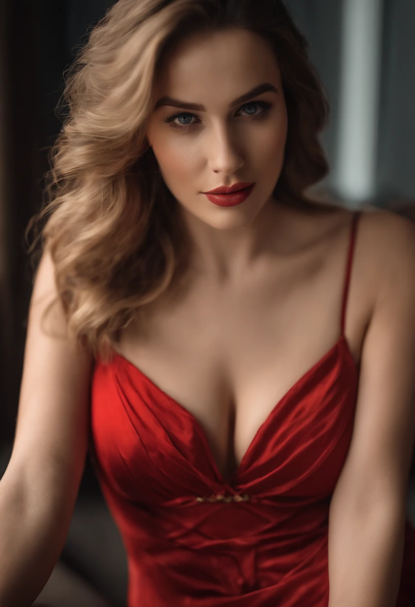 (masterpiece), 30 year old Ukrainian woman, super detailed, super detailed, 4k, high resolution, best quality, clear picture, expressive face, perfect face, very smooth face, chubby face, expressive eyes, delicate eyes, double eyelids, Perfect hands, perfect fingers, detailed fingers, Perfect legs, detailed legs, lip detail, long wavy hair, white skin, pale skin, perfect skin, sweaty skin, (super busty body), tall body, plump, (slim stomach), sexy thighs, red nightgown, lying down, looking towards the audience, Pose seductively in the room
