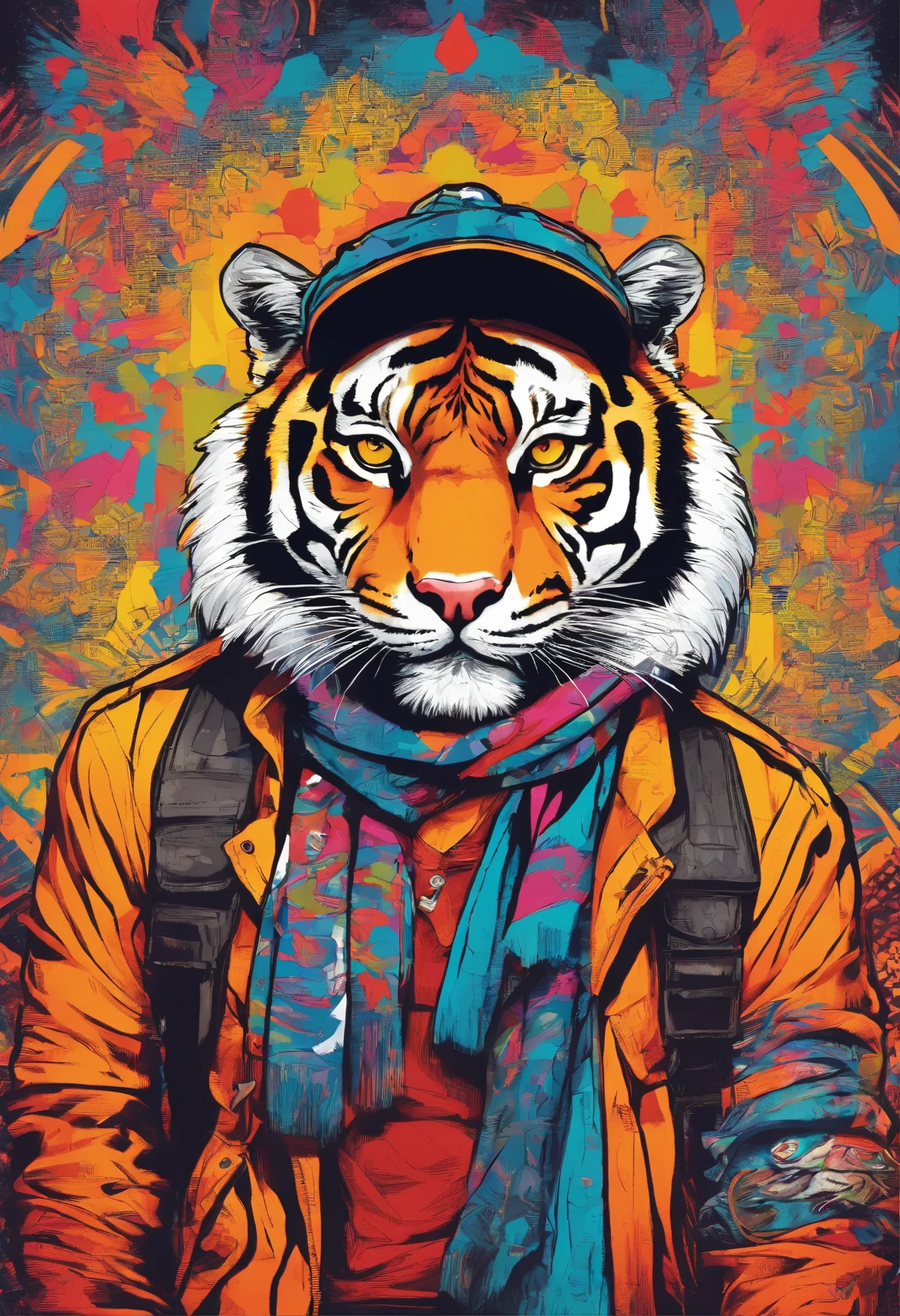 a painting of a Tiger wearing a hat and scarf, trending in the art station, dressed in punk clothes, detailed hyper realistic rendering, british gang member, street style, intimidating pose, planet of the cats, clothes with fashion, urban samurai, meow, west slavic features, 8 1 5, animations