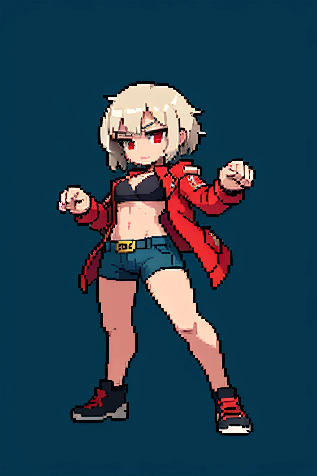 (masterpiece, top quality, best quality, less detail, 8-bit color, soft color), pixel,pixel art,1girl,fullbody,ready to fight,attack pose, smack studio, separate body for edit,easy for editing,#03253a background , short pant, short hair, vampire girl, red eyes, silver hair,simple jacket,bra on top, 6 pack abs