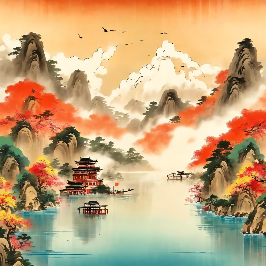 loft，Dongting Lake，In the distance, Water and sky merge into one，Tradition Chinese Ink Painting，wide high angle view，Beautiful poster，qi baishi style