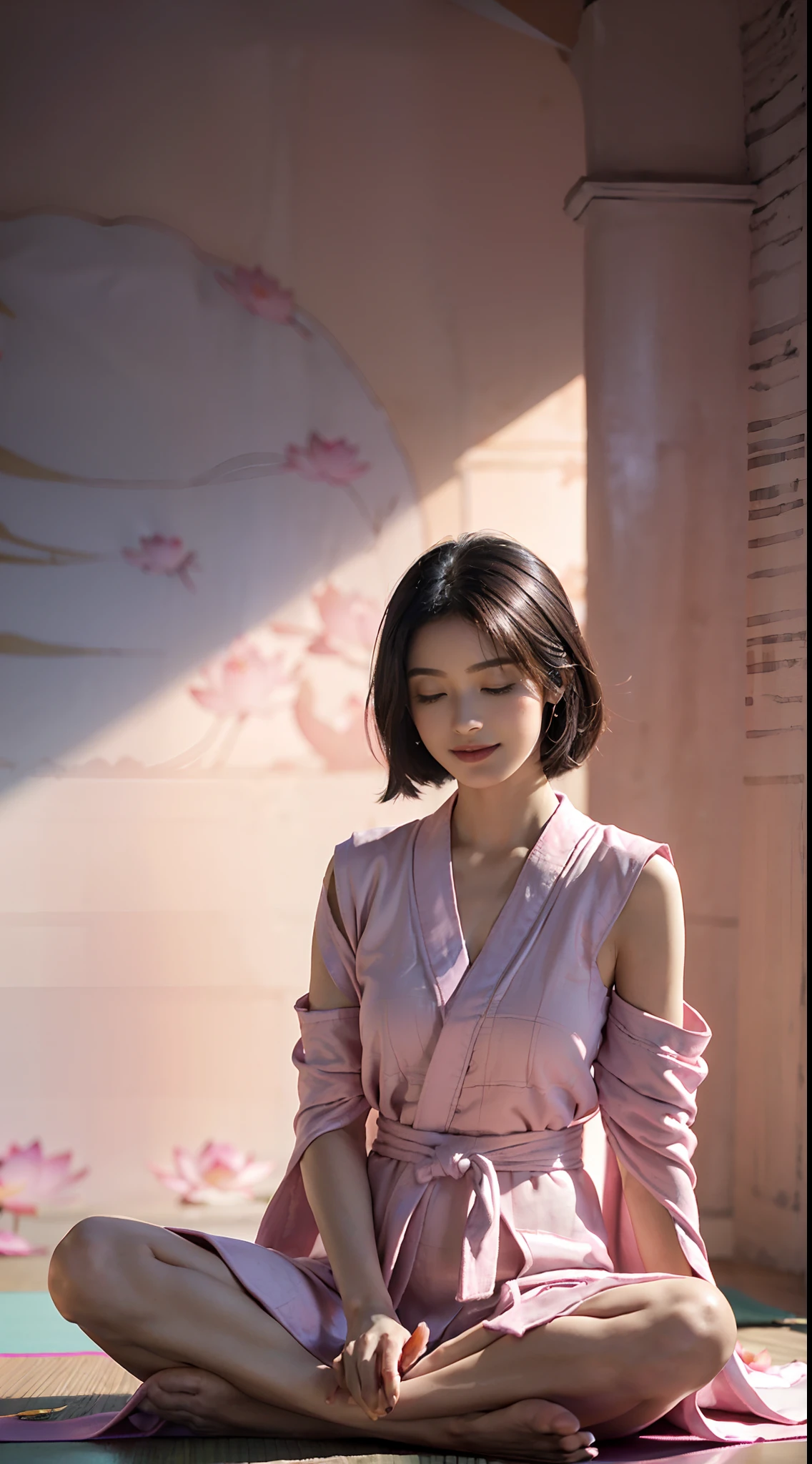 (Small underboob,Tomboyish,small heads)), (perfect bodies: 1.1), (shoulder length straight short black hair: 1.1),极其细致的CG 8k壁纸），（Extremely refined and beautiful），（masterpiece），（best qualtiy：1.0），（超高分辨率：1.0）,upper body，[A high resolution],a beautiful girl,cheerfulness，smile,(Smooth and flawless fair skin:1.5),(shiny skin:1.5),ultra - detailed ，Elongated legs,collar,Slim,thin,(Maxi monk's robe that can completely cover the body:1.5),(Temple Hall background:1.4),Close shot，midday sunlight,(upright yoga lotus Sitting:1.5),(sitting on a A large pink lotus putuan:1.5),(close eyes:1.3),(female orgasmic:1.3), (blush:1.3),(put palms together devoutly:1.3),meditating,from front,(cowboy shot:1.5)