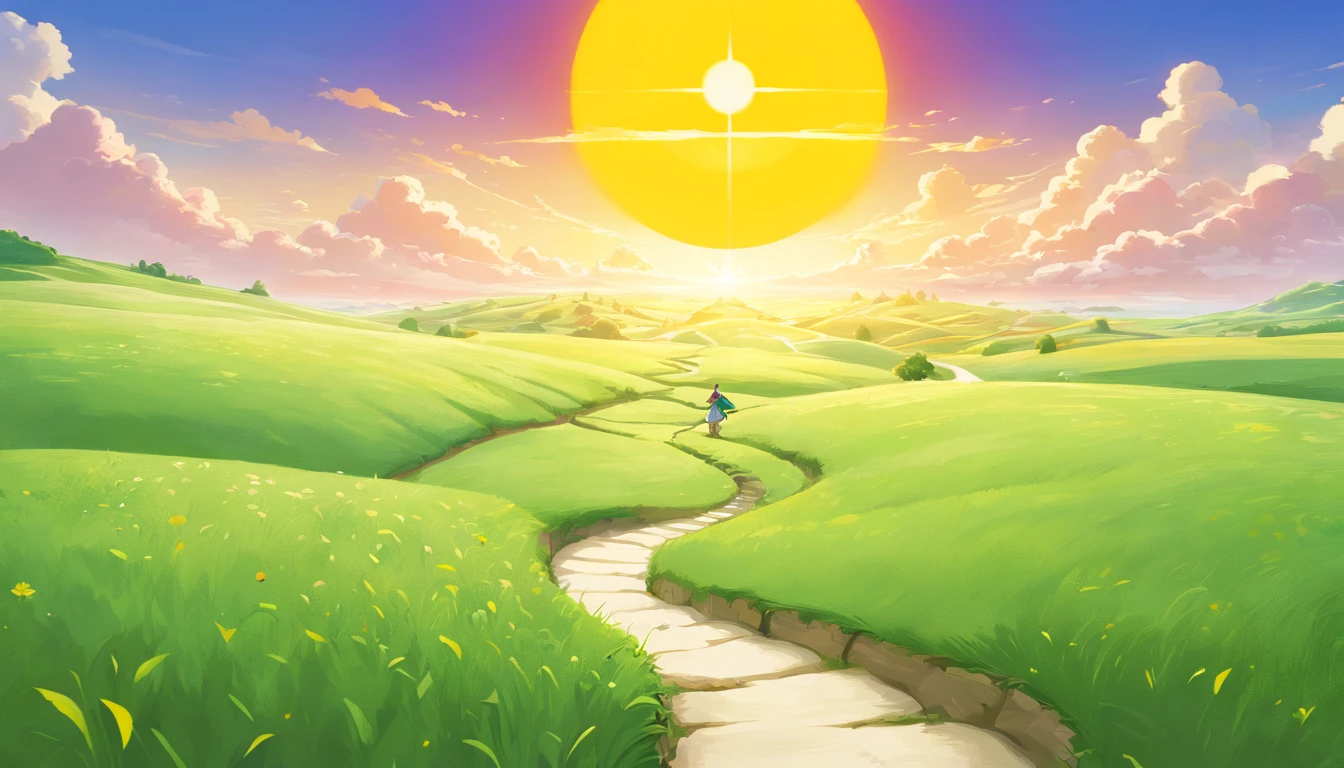 a white path in the middle of a multicolored field, ((((giant sun)))),Rolling green grass, ((Tai chi)),,an ultrafine detailed painting by Daren Bader, shutterstock contest winner, neo-romanticism, soft mist, made of mist, deviantart,Fujifilm XT3,by Steve McCurry, by Alessio Albi, by Lee Jeffries, by Herb Ritts, by Jeremy Man,long shot, clean, wide view, commercial photography