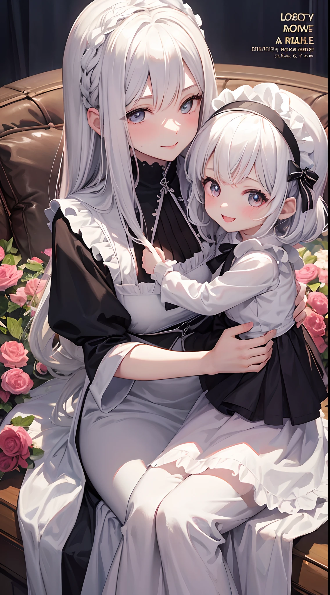 Cover magazine. A mother holding her daughter. Mommy is holding a loli. Both are smiling at the camera. The  makes a love pose with her finger. They in maid clothes. They have white hair. The mom standing.