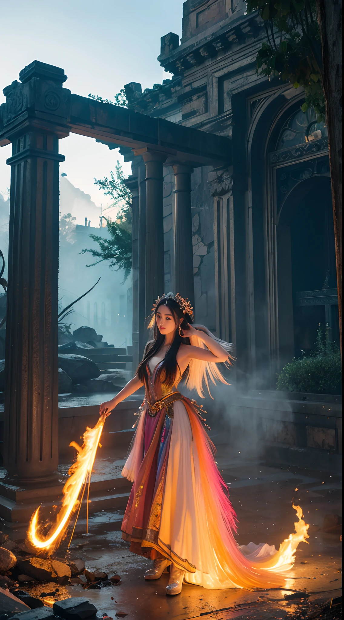 gorgeous Dilraba Dilmurat as Wuxia Princess amidst clashing natural Elements swirling upon magical Rainbow colors Carousel, heavy makeup, gothic running eyes mascara, Various elements of decaying architectural classical era ruins as backdrop, photorealistic, hyperrealism, professional photography, DSLR, HDR, holographic emerging from 2D to 3D, Retro Futurism theme, Chrome silver, atomic tangerine, sky blue