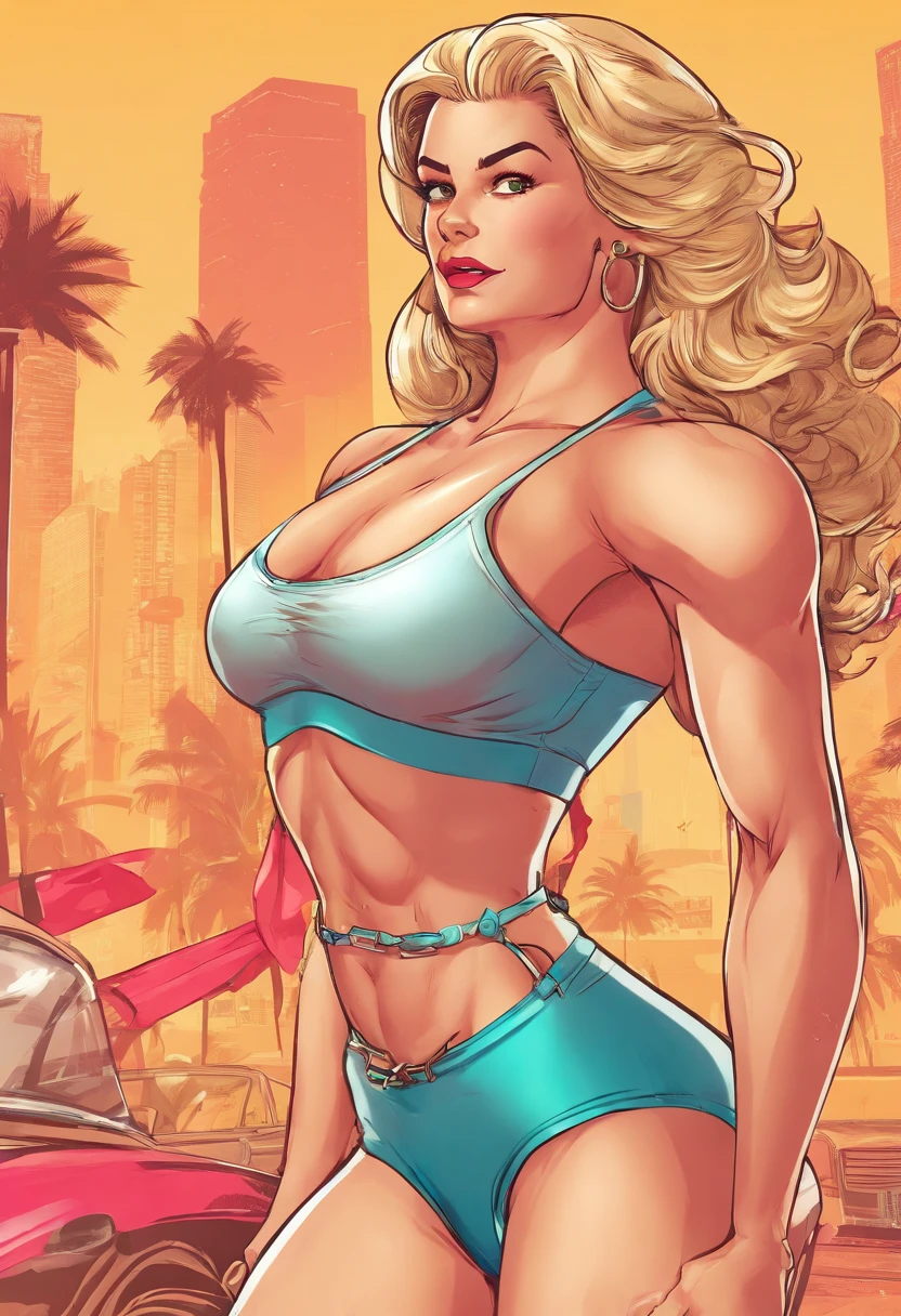 Generar ilustraciones , Glassmorphism, Obra maestra, Best Film, Estilo de la cultura pop, pulpa, QUEBRAR, a 30 years-old woman,rubia,norteamericana, (musculosa:1.1),(Female Bodybuilders:1.2),(Huge breasts that are about to burst:1.3),(Abdominales)、Altura 175cm,piel bronceada,curva,French swimsuit from the 1950s, Mirar amigablemente al espectador, como si la invitara a comprar, Ropa educada,posando frente a la playa
