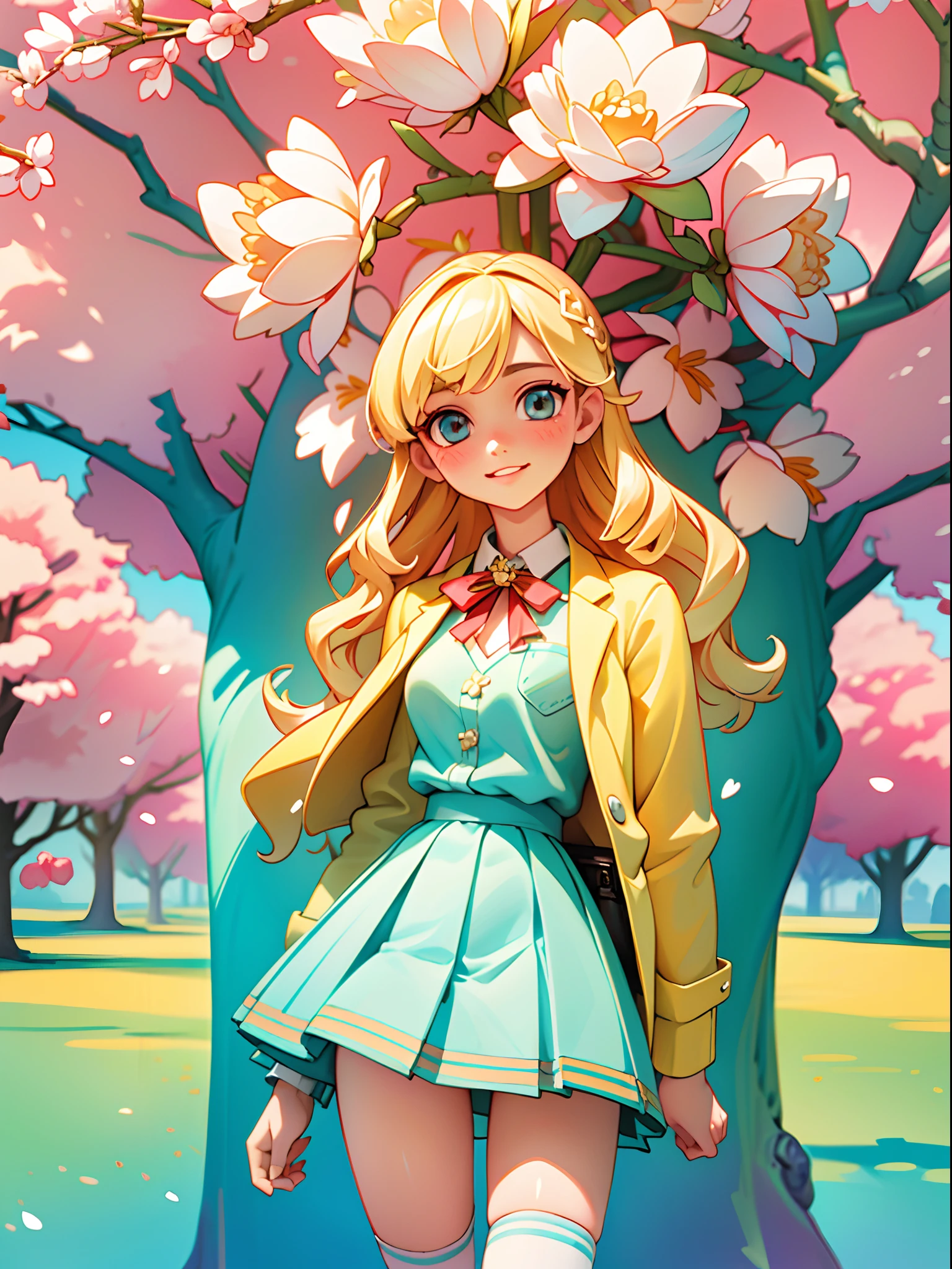 (highres,ultra-detailed),beautiful detailed eyes,beautiful detailed lips,extremely detailed face,flowing blonde hair,soft facial features,delicate bone structure,expressive eyes,innocent smile,slender figure,wearing a stylish school uniform,tailored blazer,pleated skirt,knee-high socks,carrying a floral patterned backpack,standing near a blooming cherry blossom tree,under the soft sunlight,relaxed and confident posture,vibrant and colorful surroundings,anime-inspired artwork,crisp and vibrant colors.