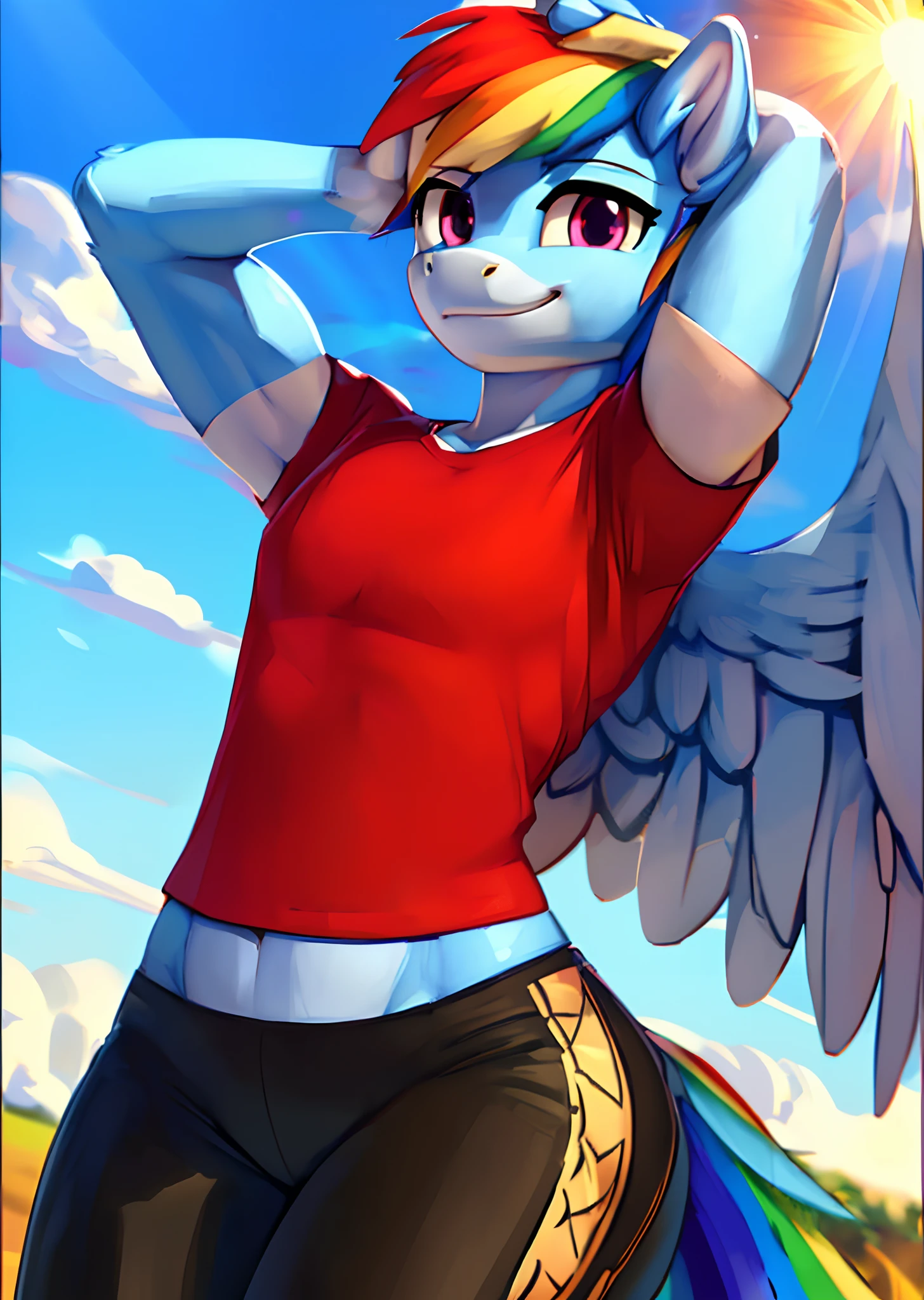 [rainbow dash], [Uploaded to e621.net; (siden), (Pixelsketcher), (mayosplash), (wamudraws)], ((masterpiece)), ((HD)), ((high quality)), ((solo portrait)), ((cowboy shot)), ((furry; anthro)), ((detailed fur)), ((detailed shading)), ((beautiful render art)),  ((intricate details)), {anthro horse; (slim figure), (light-blue fur), cute pink eyes, horse snout, long rainbow-colored hair, (pegasus wings), (gorgeous hips), (defined muscles), smug grin}, {(red tee shirt), (short sleeves), (black spandex yoga pants), (red canvas.sneakers}, {(standing), (hand on head), (looking at viewer)}, [background; (clouds), (blue sky), (sun rays)]