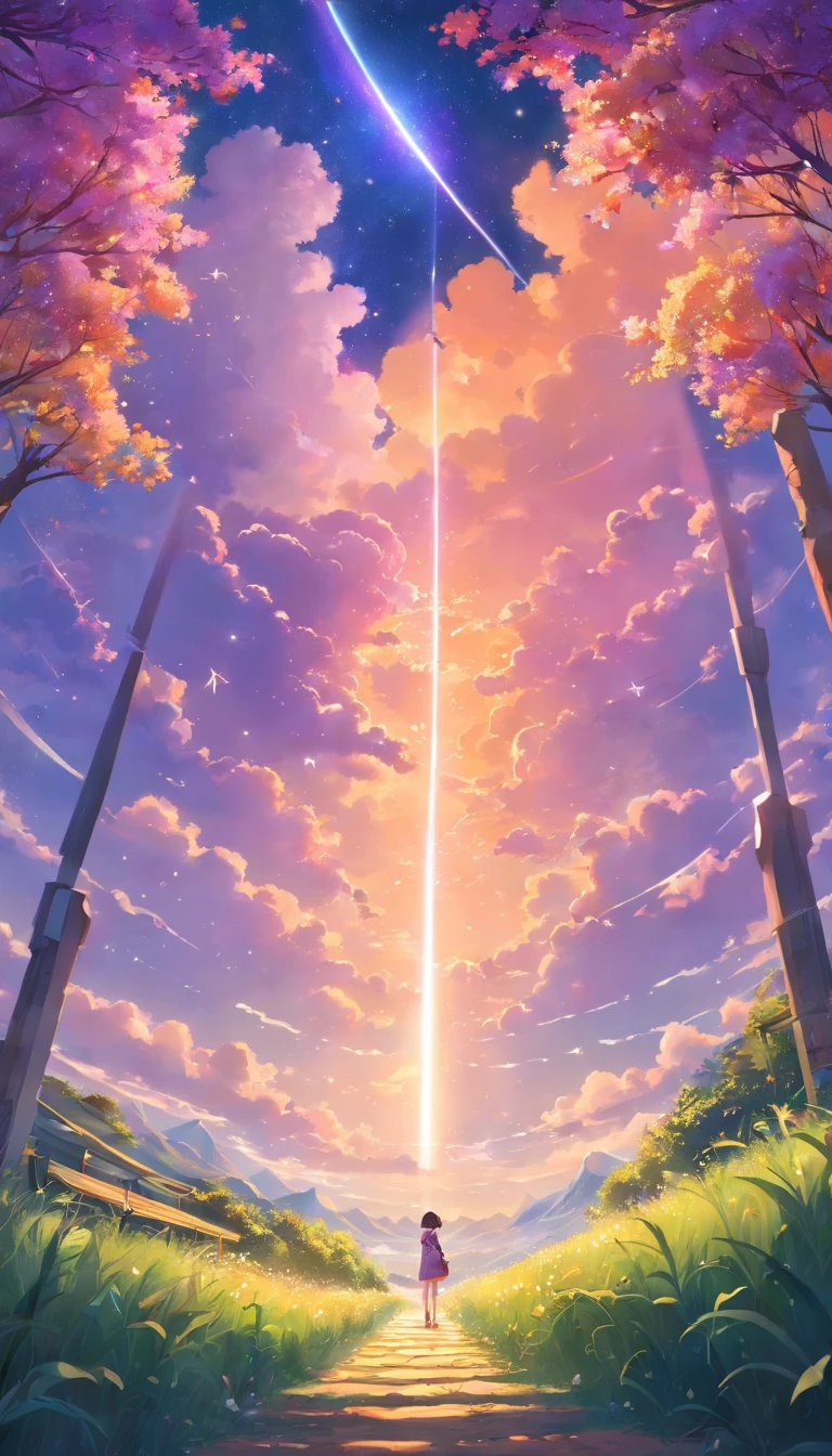 Vast landscape photos,(look from down,Above is the sky,Below are open fields),a girl standing on flower field looking up,(moon full:1.2),(meteors:0.9),(Starcloud:1.3),Far Mountain, Tree BREAK making art,(Warm light source:1.2),(glowworm:1.2),lamp lights,lots of purples and oranges,intricately details,Volumetric lighting BREAK(tmasterpiece:1.2),(best qualtiy),4K,ultra - detailed,(dynamic compositions:1.4),Plenty of detail,plethora of colors,(Irridescent color:1.2),(with light glowing,Atmospheric lighting),dream magical,magical,(独奏:1.2