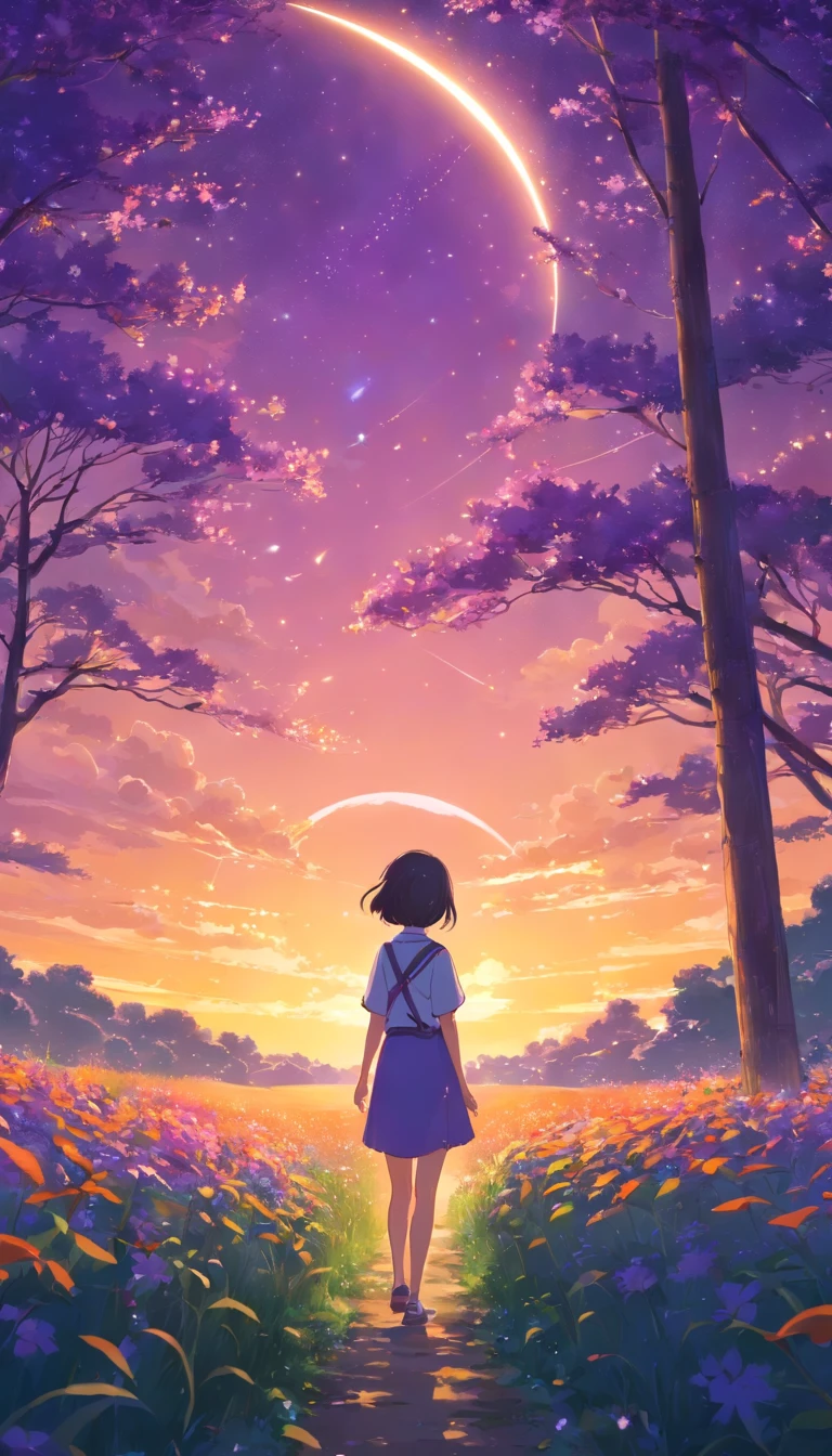 Vast landscape photos,(look from down,Above is the sky,Below are open fields),a girl standing on flower field looking up,(moon full:1.2),(meteors:0.9),(Starcloud:1.3),Far Mountain, Tree BREAK making art,(Warm light source:1.2),(glowworm:1.2),lamp lights,lots of purples and oranges,intricately details,Volumetric lighting BREAK(tmasterpiece:1.2),(best qualtiy),4K,ultra - detailed,(dynamic compositions:1.4),Plenty of detail,plethora of colors,(Irridescent color:1.2),(with light glowing,Atmospheric lighting),dream magical,magical,(独奏:1.2