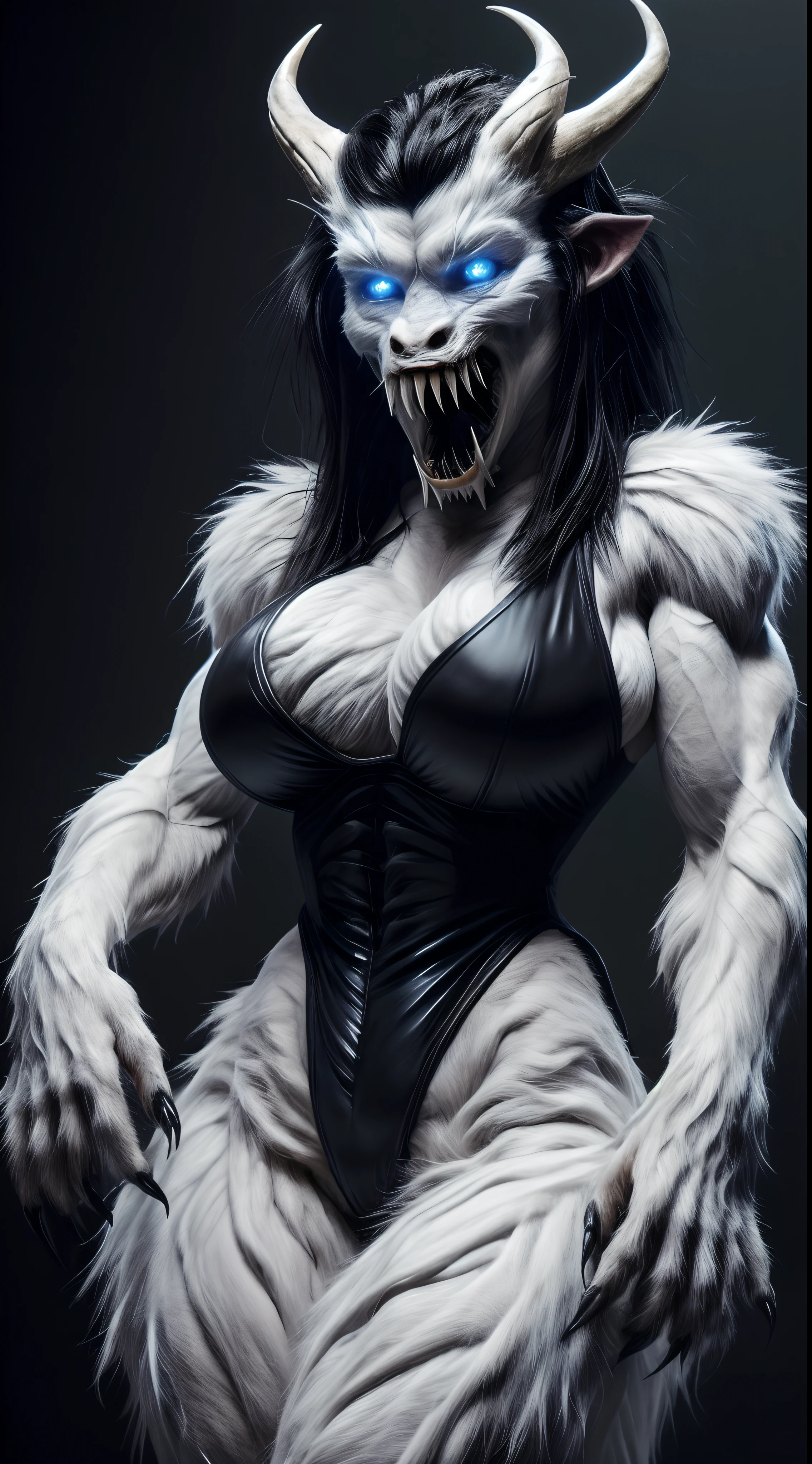 (full body image, realistic:1.2, high detail:1.2, high quality:1.2, best quality, 8k), solo, BREAK, 35 year old, (Hybrid, (Yeti:1.3)), woman, (realistic fur, shaggy fur, (furry face:1.3), (Thick White Fur all over body:1.7)), (elegant Black hair:1.8) (large breasts:1.9), (voluptuous:1.6), (muscular:2.1), buff, athletic, (toned:1.5), (broad hips:1.55), (curvy:1.45), hard abs, (hourglass body:1.75), powerful legs, (long arms:1.6), tall, fierce, scary yet sexy, (detailed glowing blue eyes:1.3), ((sharp teeth:1.6), (Fangs:1.7) powerful jaws), ((wearing High-Cut Black Leotard:1.6) (push up cleavage:1.2) leggy, (thong:1.3)), (matching hands, (Long Menancing Monster Clawed Fingers:1.5) (horns:1.3), monstrous yet beautiful, monster, woman monster