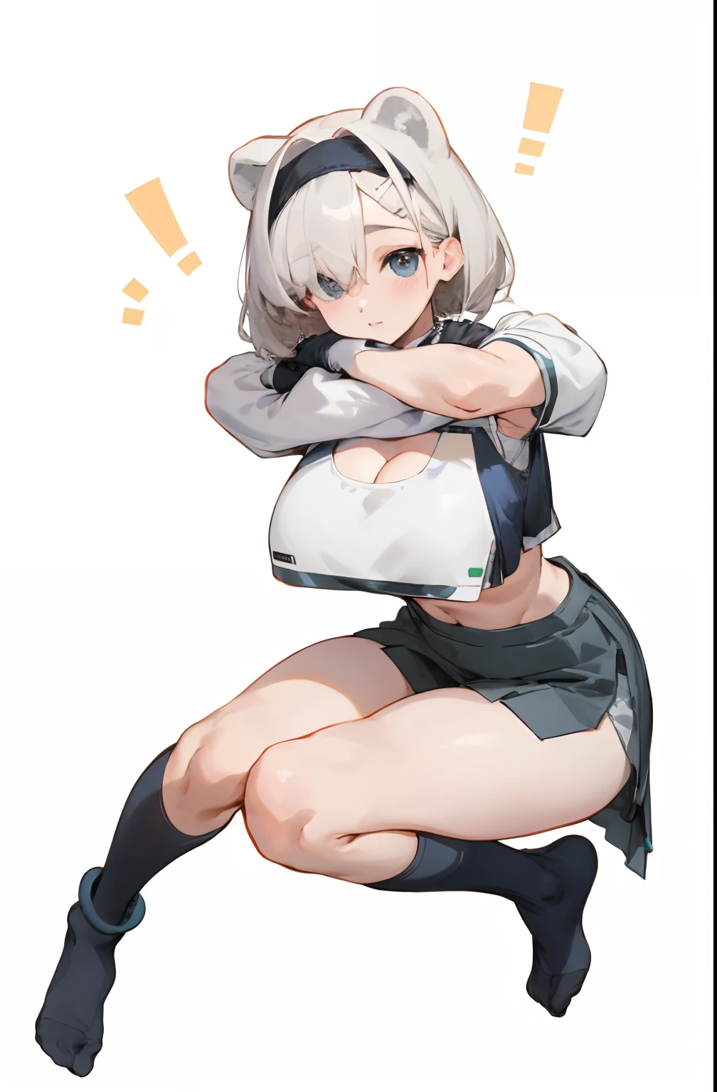 Bigboobs，cropped shoulders，knee length socks，pleatedskirt，Show your arms，No shoes on
