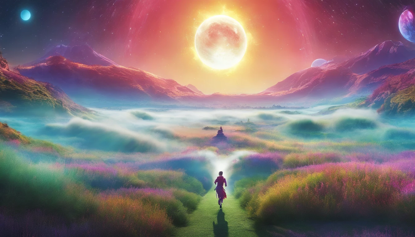 a white path in the middle of a multicolored field, ((((giant sun)))),Rolling green grass, ((Tai chi)),,an ultrafine detailed painting by Daren Bader, shutterstock contest winner, neo-romanticism, soft mist, made of mist, deviantart,Fujifilm XT3,by Steve McCurry, by Alessio Albi, by Lee Jeffries, by Herb Ritts, by Jeremy Man,long shot, clean, wide view, commercial photography