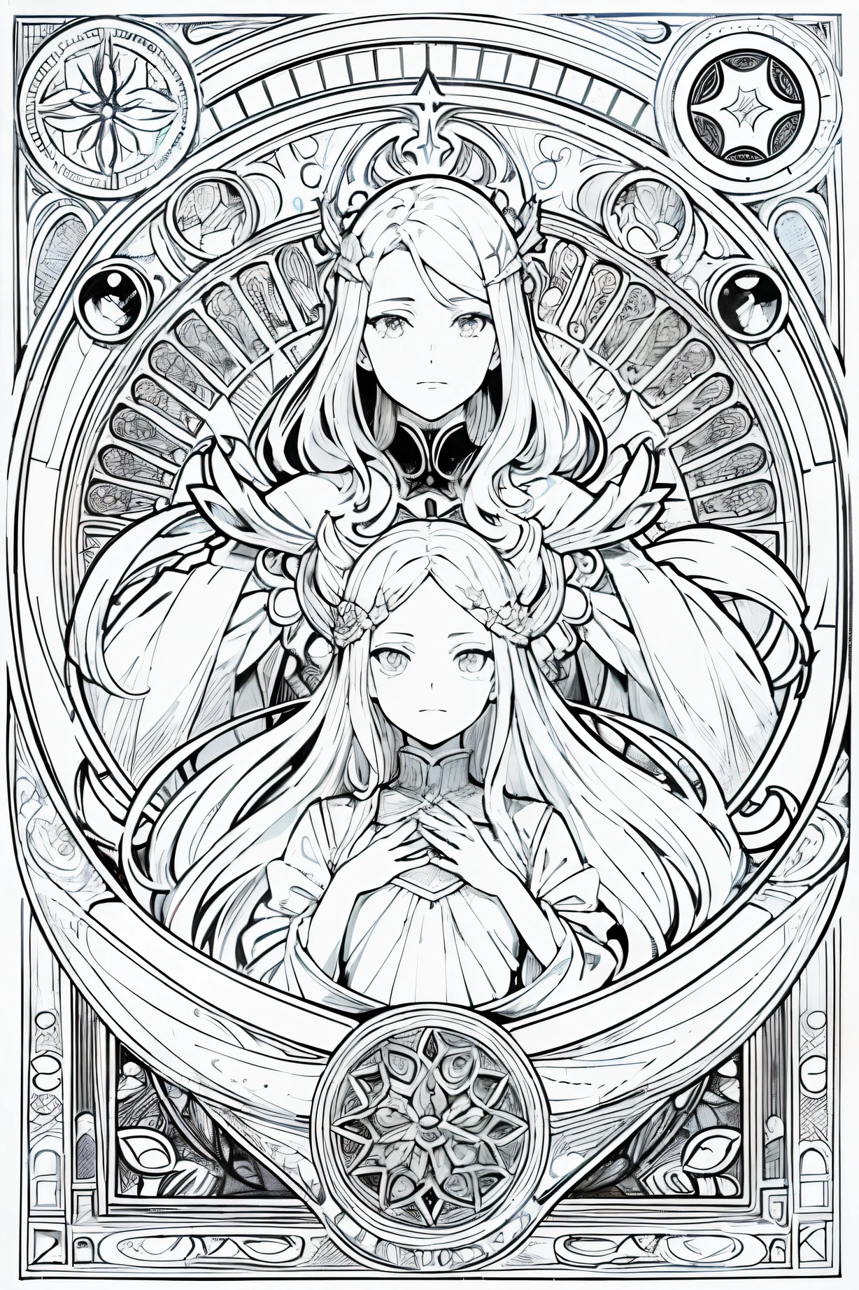 Pintura de una mujer con cabello largo y un reloj, Hermoso arte lineal, Arte lineal en blanco y negro, Hermoso arte lineal, Trazos de tinta muy finos, Arte oficial de alto detalle, Black line art on white, arte,No drena negro, Libro para colorear, Fanart exquisito altamente detallado, Trazos de tinta negra, Fantasy Fan Art, por Yoshihiko Wada, Anime Art Nouveau Universe Show,Arte de Alphonse Mucha ,corriente de aire,Only character lines and scenes remove color...., No sombras.,(Obra maestra, La mejor calidad, Altas Resoluciones:1.4), Detallado, intrincado detallado, 10, salpicaduras de color, Line Art, Fibonacci,