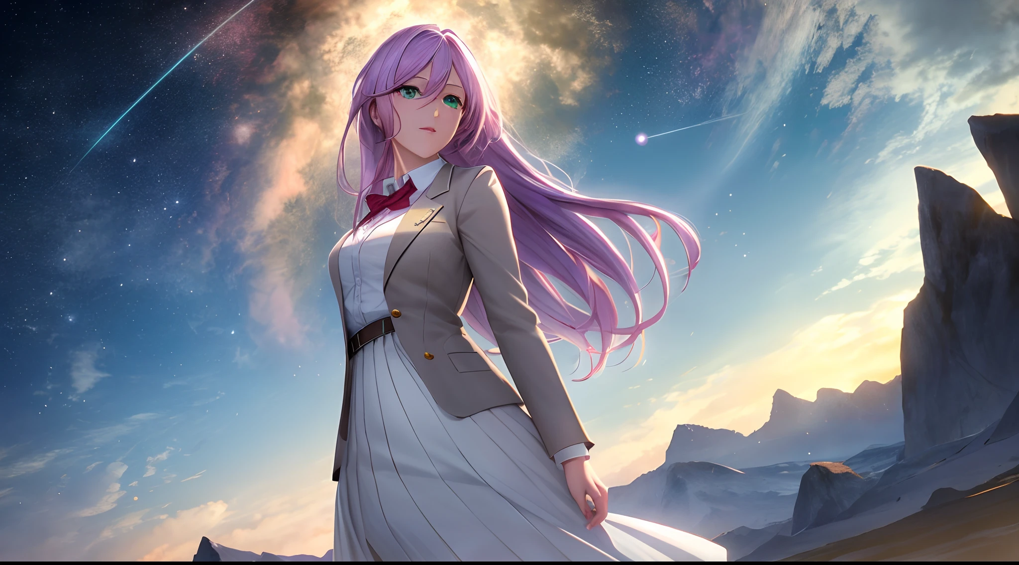 Athena with plain long light purple hair,hair between eyes,green eyes,rosy cheeks,full lips,thin eyebrows,slender body,wearing school coat and full long skirt,cute anime girl,full body,desert night sky nebulae in background,anime style,Lumen Reflections,Screen Space Reflections,Diffraction Grading,Chromatic Aberration,GB Displacement,Scan Lines,Ray Traced,Anti-Aliasing,FXAA,TXAA,RTX,SSAO,Shaders,OpenGL-Shaders, GLSL-Shaders,Post Processing,Post-Production,cell Shading,Tone Mapping,CGI,VFX,SFX,insanely detailed and intricate, 4K,standing, solo, masterpiece, best quality, detailed face, detailed eyes, highres, standing, solo,masterpiece, best quality