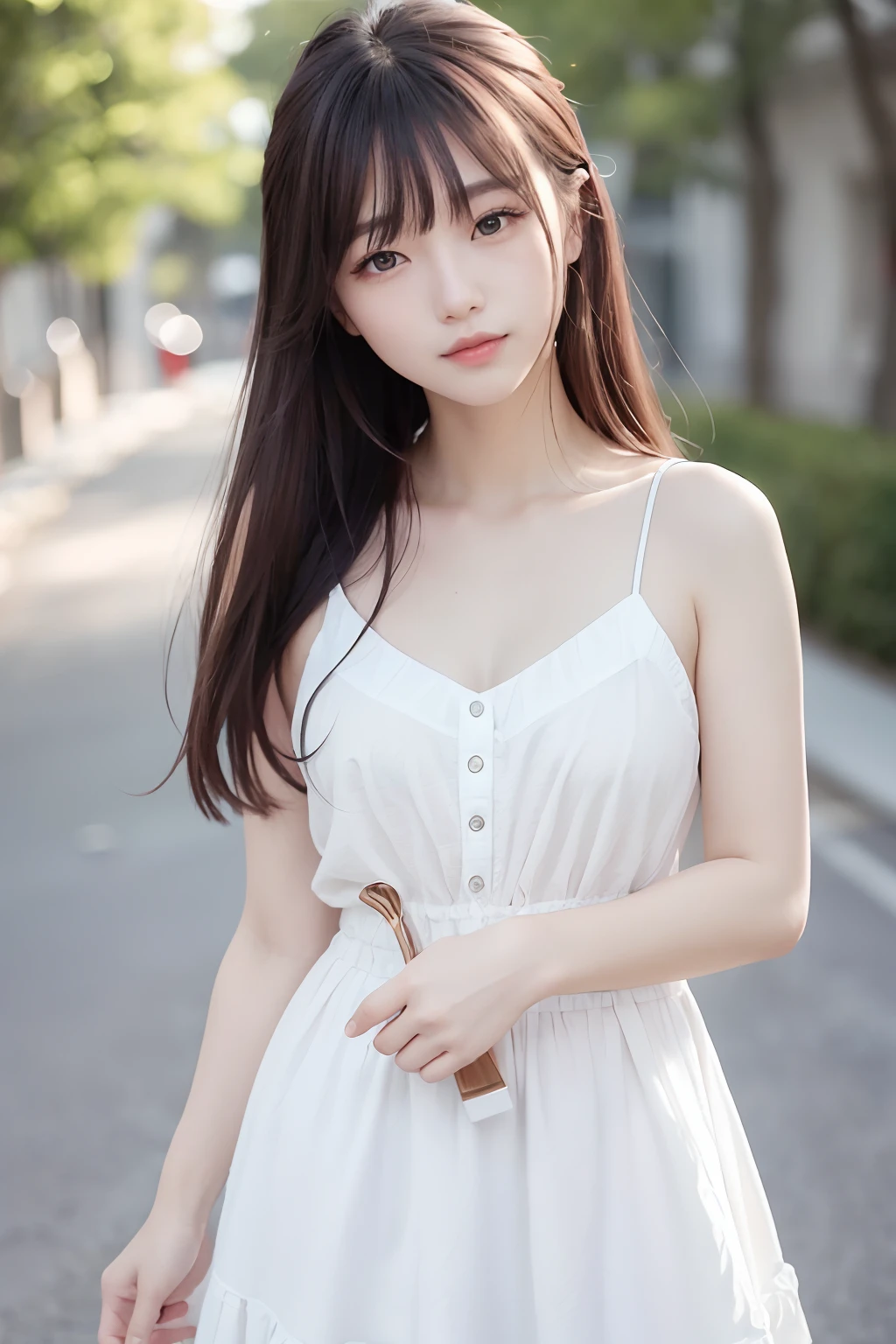 (8K、top-quality、masterpiece:1.2)、(reallistic、Photorealsitic:1.37)、The ultra-detailliert、1人、23years old、Medium chest、Beautie、Beautiful and perfect face、Natural smile、独奏、holiday、shopping、(Redness of the nose)、(A smile:1.15)、(With mouth closed) 、beautidful eyes、(long:1.2)、Floating hair 、Middle hair、