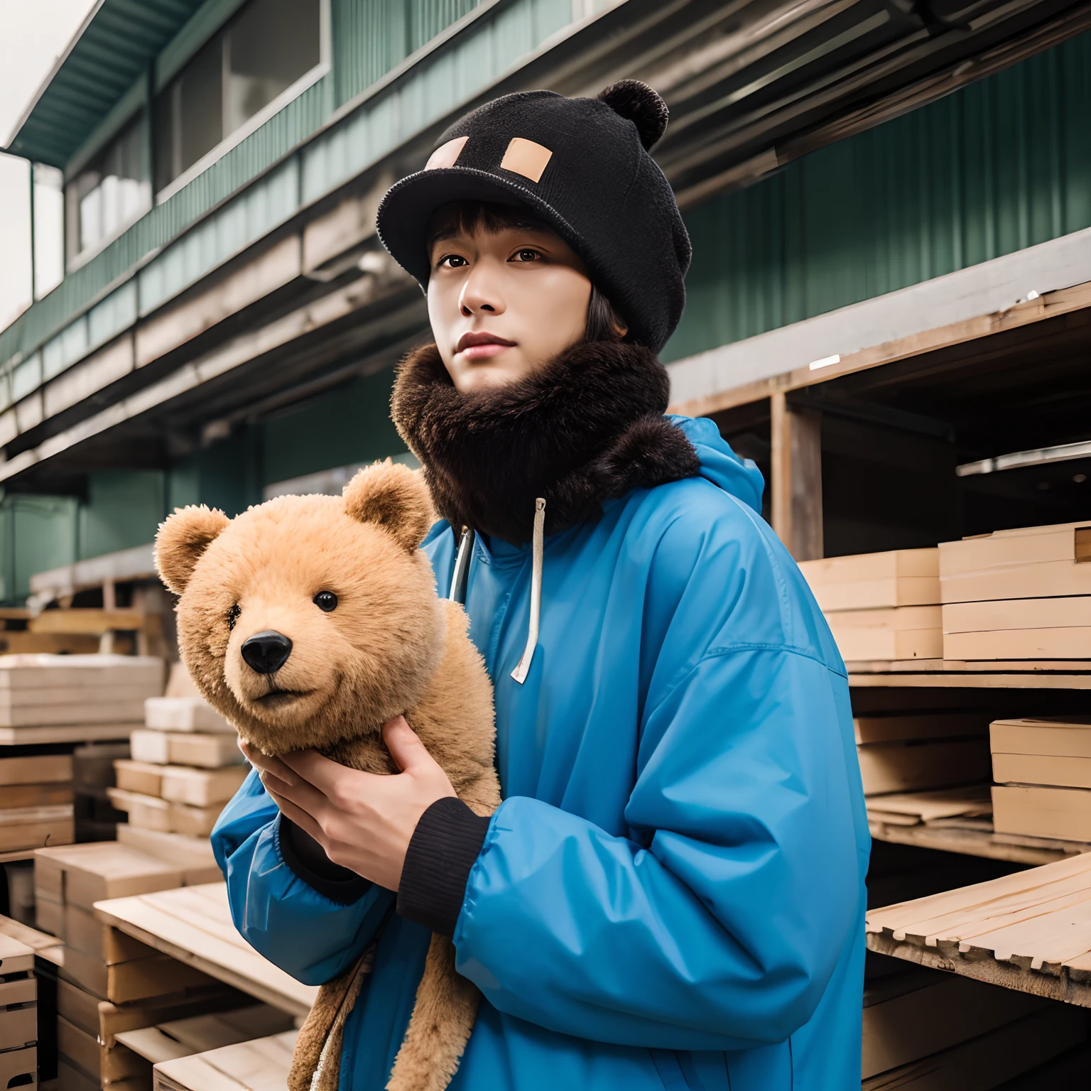 Older brother wearing a bear hat hiquality Workshop work Wood processing Working overtime