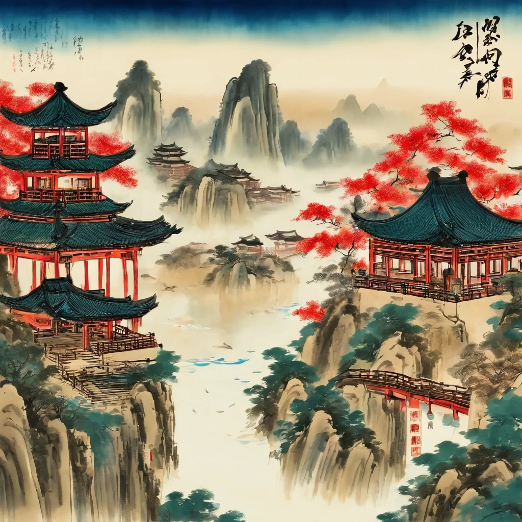 A loft nearby，Dongting Lake，In the distance, Water and sky in one，Tradition Chinese Ink Painting，wide high angle view，Beautiful poster，qi baishi style