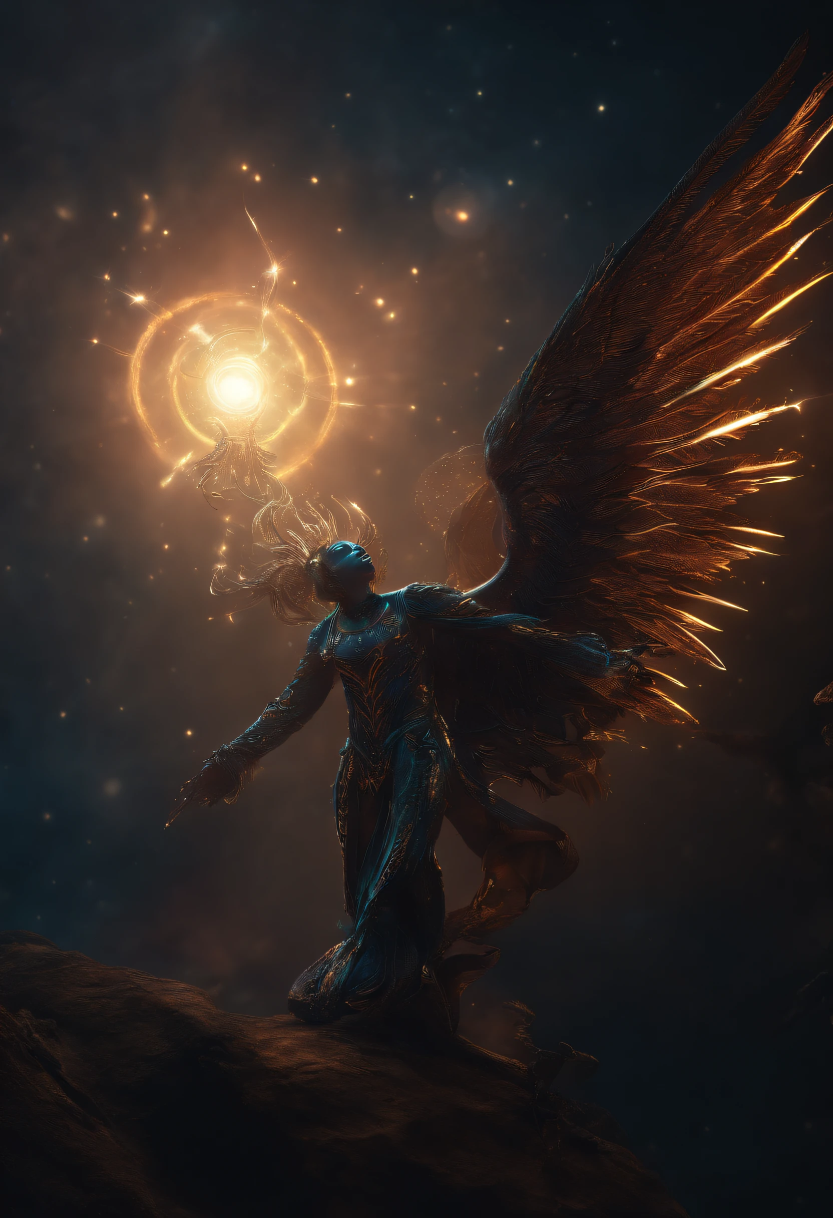 Fallen Angels of the Universe, glowing light eyes, biomechanical, eery, creepy, nightmarish, Very bright colors, light Particle, with light glowing, Musif, Wallpaper Art, UHD Wallpapers