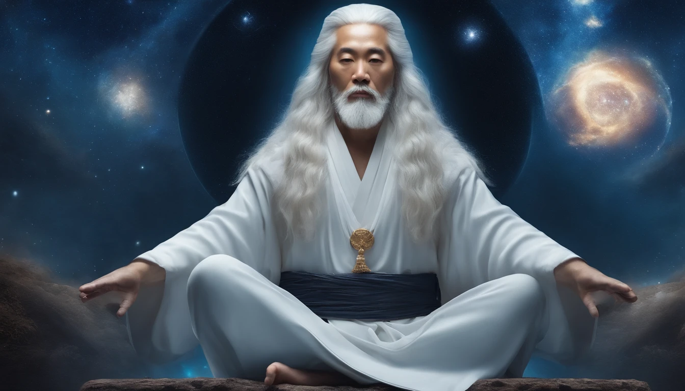 30-year-old Asian middle-aged Taoist elder sitting in blue galaxy close-up,long white hair,A meditative,There is a white beard,Meditation cross-legged,Daoism, Wear a white robe and a white belt,at centre,Face the lens,Space starry sky background,milky ways,Taoist master,Taoist,universe background,Very bright colors, Light particles, with light glowing, Mshiv, wallpaper art, UHD wallpaper