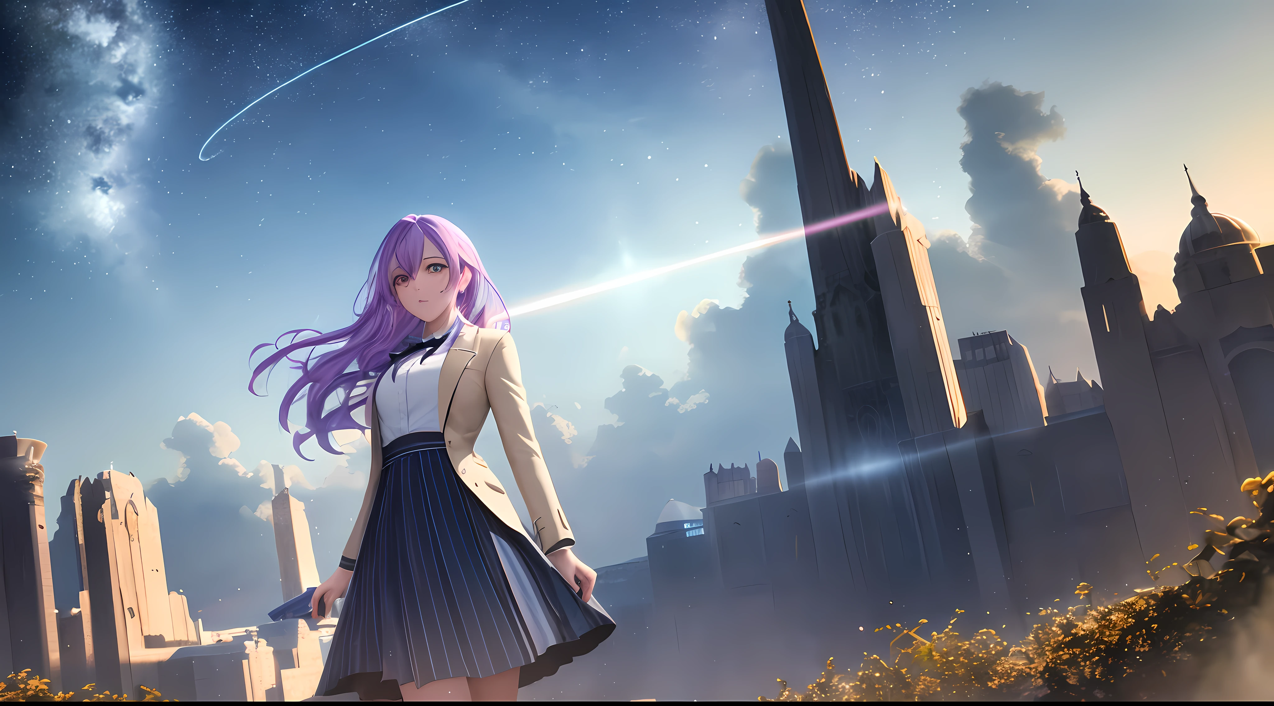 Athena with plain long light purple hair,hair between eyes,green eyes,rosy cheeks,full lips,thin eyebrows,slender body,wearing school coat and full long skirt,cute anime girl,full body,desert night sky nebulae in background,anime style,Lumen Reflections,Screen Space Reflections,Diffraction Grading,Chromatic Aberration,GB Displacement,Scan Lines,Ray Traced,Anti-Aliasing,FXAA,TXAA,RTX,SSAO,Shaders,OpenGL-Shaders, GLSL-Shaders,Post Processing,Post-Production,cell Shading,Tone Mapping,CGI,VFX,SFX,insanely detailed and intricate, 4K,standing, solo, masterpiece, best quality, detailed face, detailed eyes, highres, standing, solo,masterpiece, best quality