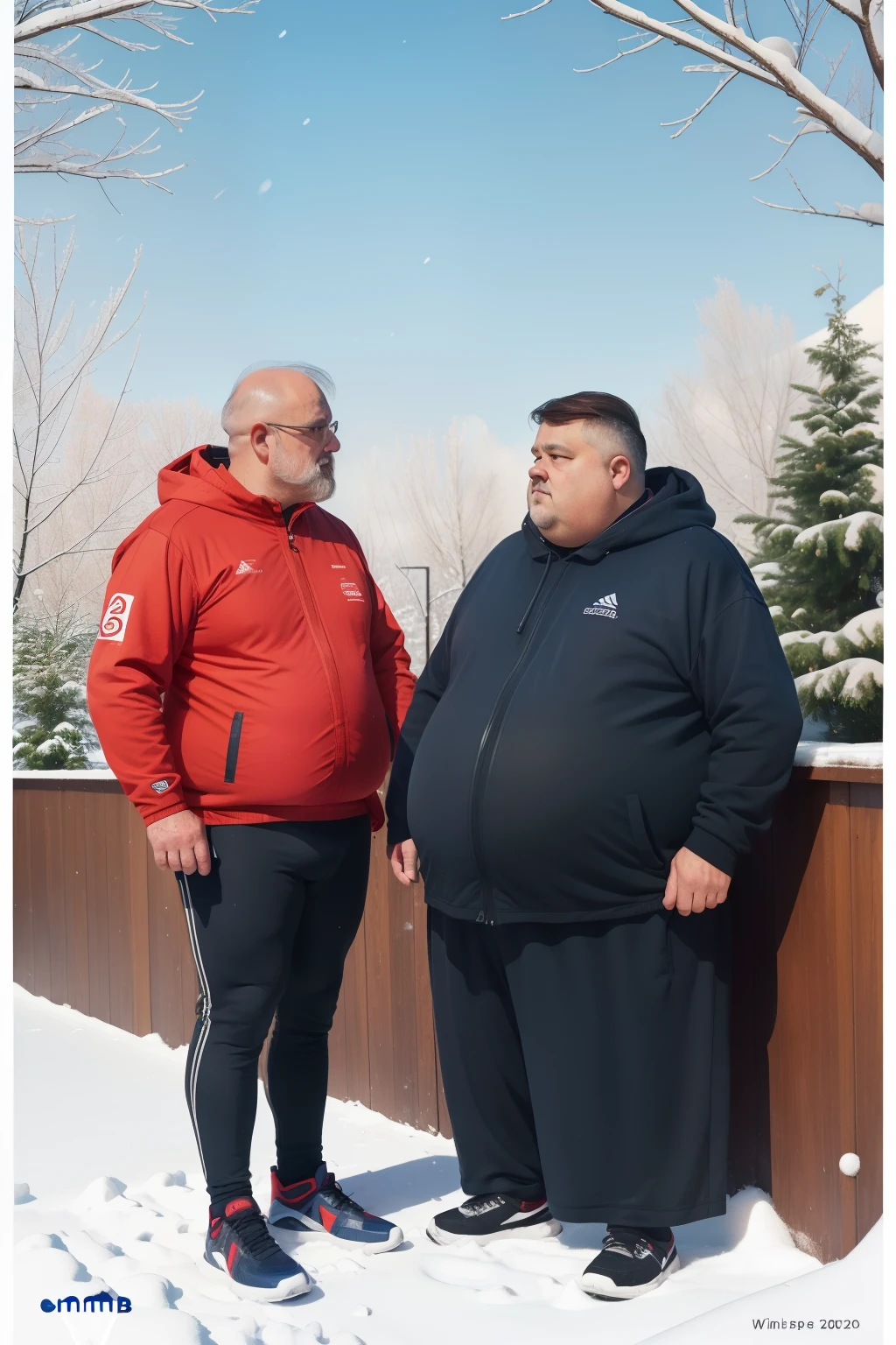 year: 2023. Location: Sweden. Pre-Raphaelite scene with a 59-year-old man, ((thin)), ((clean classic look)), ((grumpy)) ((strict)), talking to a ((25-year-old obese man in sport clothes)), terraced house garden, ((((winter Clothing from the 2020s)))) ((Hairstyle of the 2020s)), ((("OMITB" cinematography)))