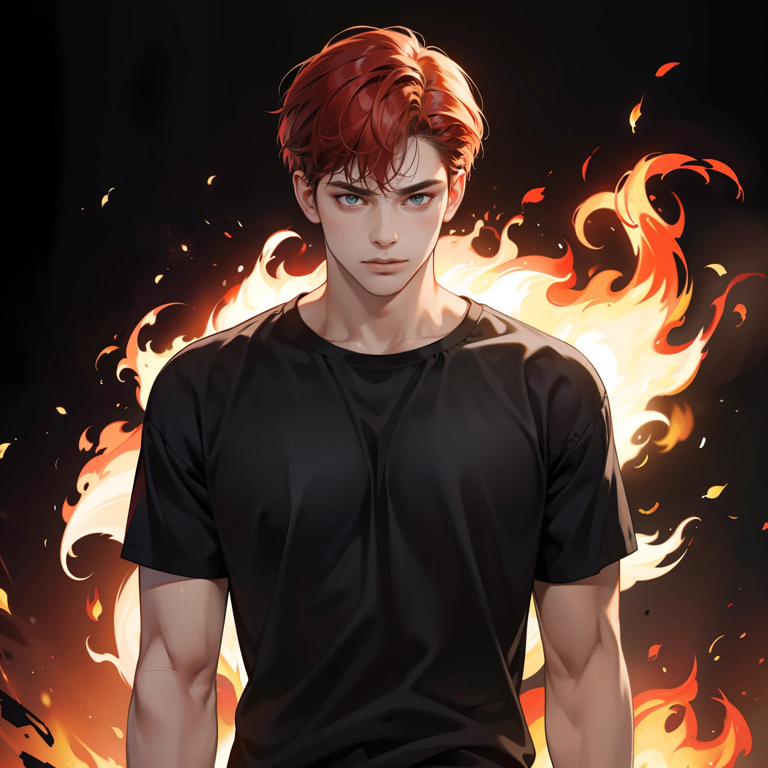 Masterpiece, high quality, best quality, HD, realistic, perfect lighting, detailed body, 1 man, red short hair, face expression, black t-shirt, fires background.