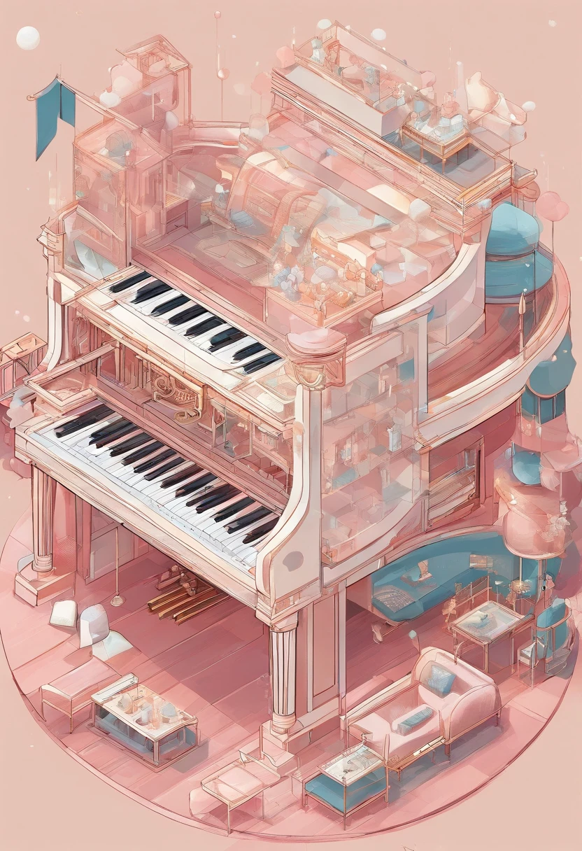 pale color,noble,high class,Theme color is ivory,pink there,bloo,Baby Blue,musical instrument,orchestra,ivory