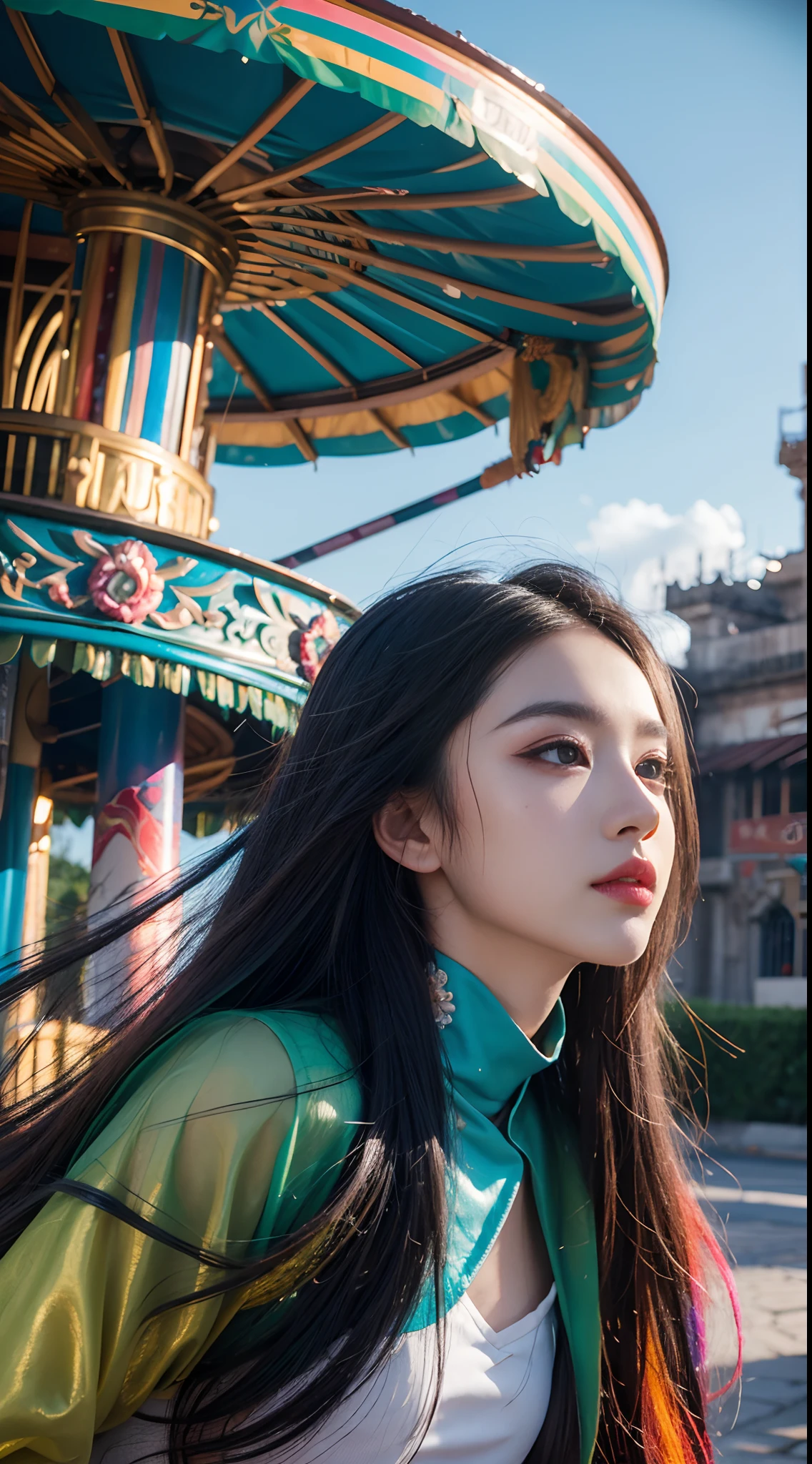 gorgeous Wuxia Princess amidst clashing natural Elements swirling upon magical Rainbow colors Carousel, heavy makeup, gothic running eyes mascara, Various elements of decaying architectural classical era ruins as backdrop, close up, photorealistic, hyperrealism, professional photography, DSLR, HDR, holographic emerging from 2D to 3D, Retro Futurism theme, Chrome silver, atomic tangerine, sky blue