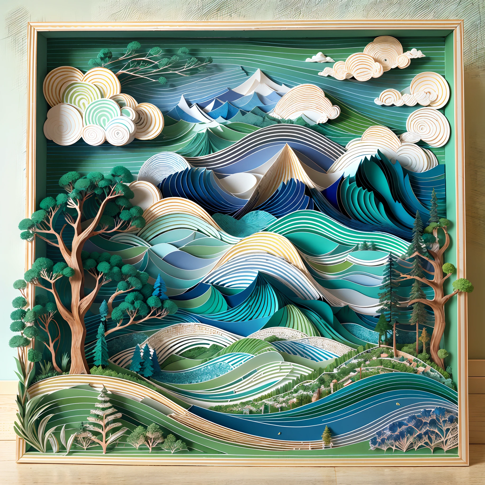 A beautiful photo frame(with blue sky and white clouds,Green Mountains and Green Water,terraced),((arte em papel cortado,layered paper art,Flat paper cutout,Stacked,Hollow-out on,3Drenderingof))