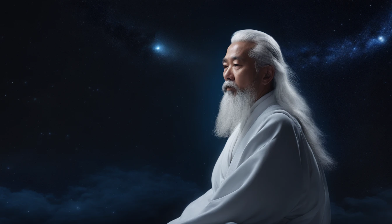 30 years old Asian middle-aged Taoist elder sitting in blue galaxy close-up,long white hair,A meditative,Has a white beard,Meditation cross-legged,Daoism, Wear a white robe,white sash,at centre,Face the lens,Space starry sky background,milky ways,Taoist master,Taoist,universe background,Very bright colors, Light particles, with light glowing, Mshiv, wallpaper art, UHD wallpaper