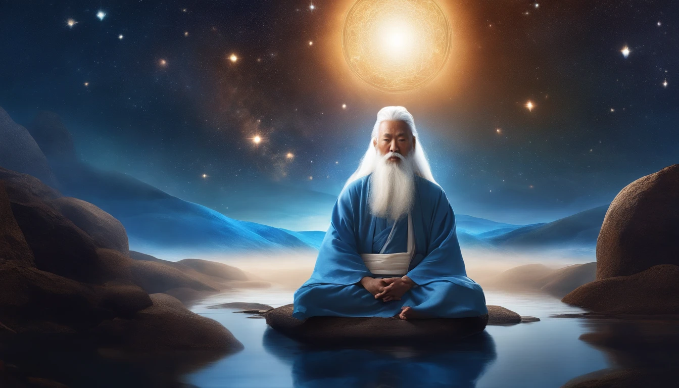 30 years old Asian middle-aged Taoist elder sitting in blue galaxy close-up,long  white hair，A meditative，Has a white beard，Meditation cross-legged，Daoism, Wear a white robe，white sash，at centre，Face the lens，Space starry sky background，milky ways，Taoist master,Taoist，universe background，Very bright colors, Light particles, with light glowing, Mshiv, wallpaper art, UHD wallpaper