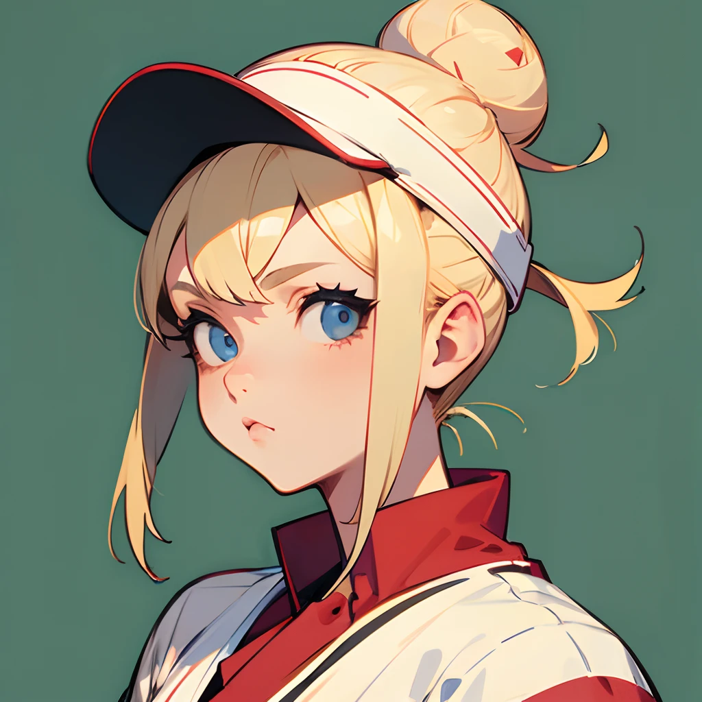 Girl wearing baseball uniform,Blonde bun hair,Style based on the work of Capcom's Kinu Nishimura、illustratio