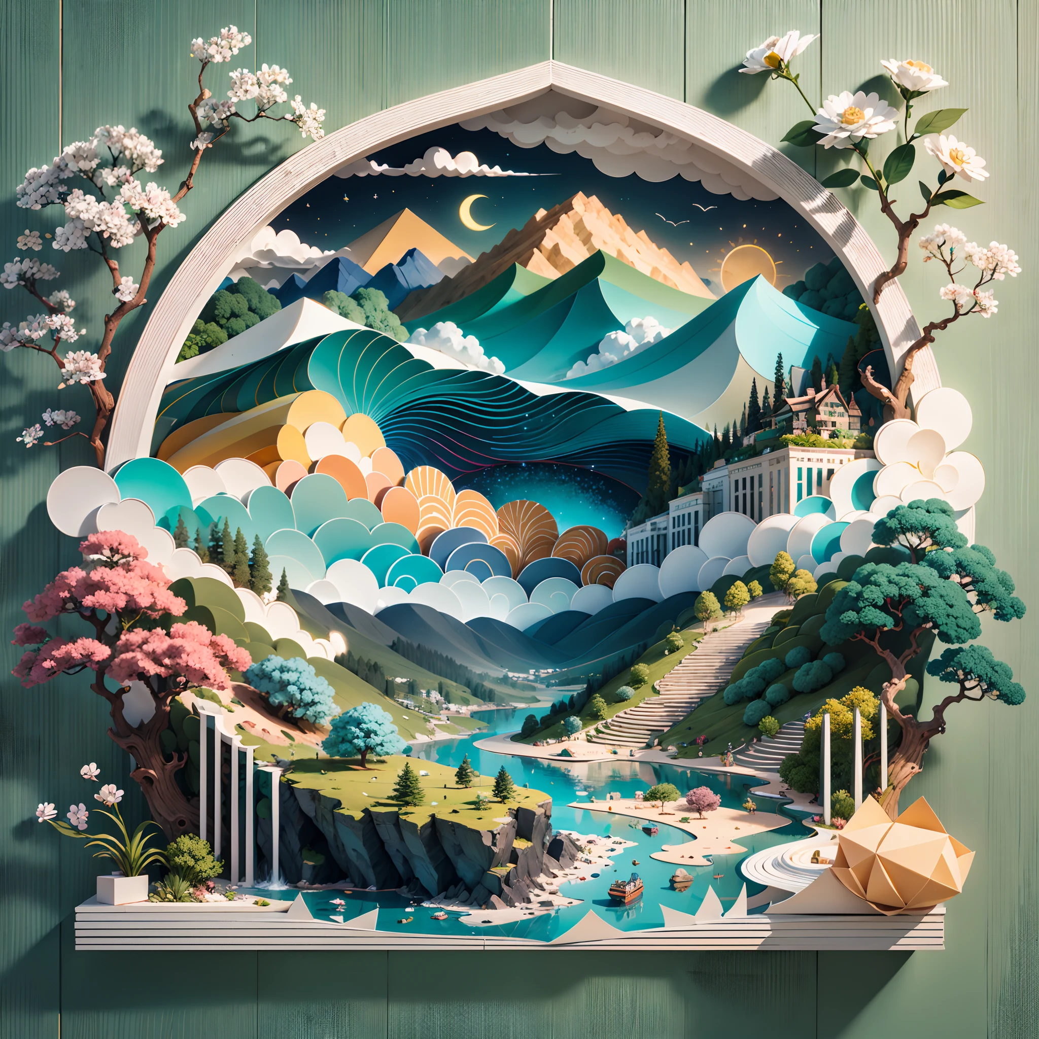 （with blue sky and white clouds，Green Mountains and Green Water，terraced），（（arte em papel cortado，layered paper art，Flat paper cutout，Stacked，Hollow-out on，3Drenderingof））