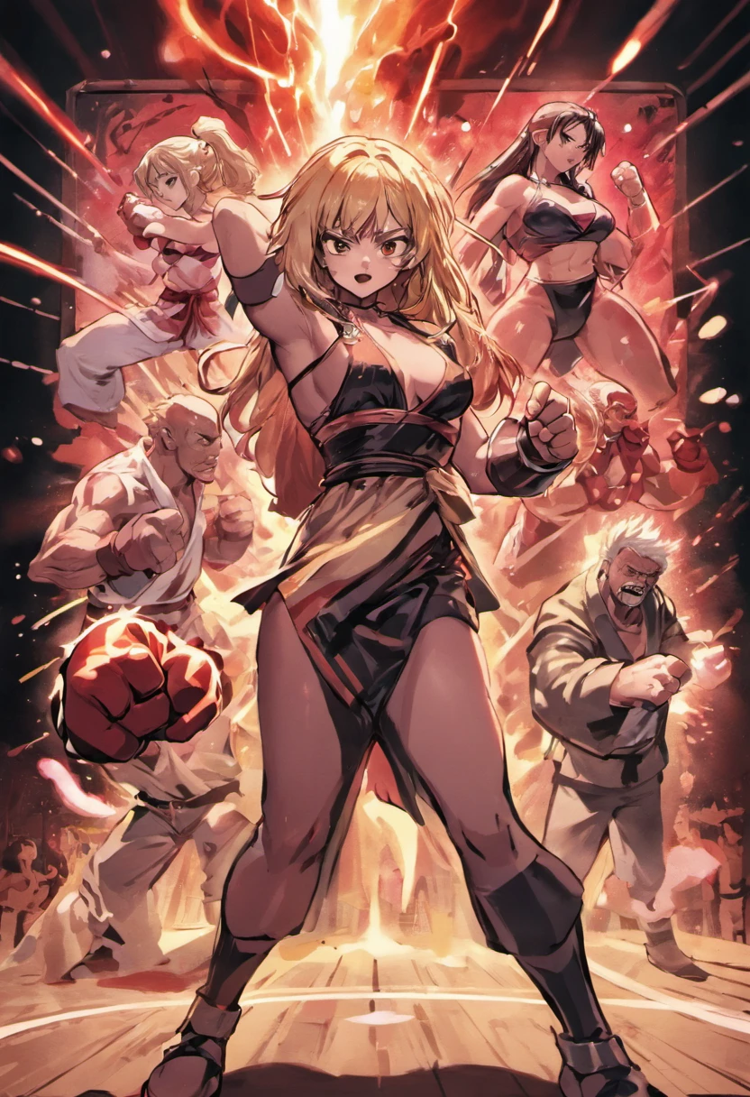 Manga Storyboard: 1.8, Manga Layout, "Martial Arts Matches, Battle between man and woman", Outdoor Arena, Bare-handed fist fights, fighting spirit, Kamehameha, accurate anatomy, (isolation: 1.1), (Reflected Light: 1.2), glass, super detailed, Convoluted, oil on canevas, Dry brush, detail Enhanced, Dynamic Poses、dynamic compositions、Detailed finger、Detailed hand、A detailed face、32K , hyper HD, Comic Panel Layout, Voice bubbles, english text, Hand-drawn audio stickers used in cartoons, Spoke Heart, Read the ellipsis, Spoke question mark, Read an exclamation point, Read notes aloud, Otherworldly, 1990s style ), Effect Lines
