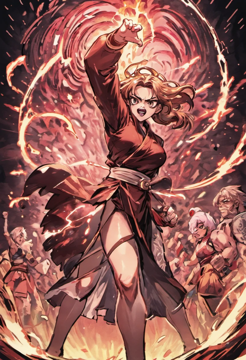 Manga Storyboard: 1.8, Manga Layout, "Martial Arts Matches, Battle between man and woman", Outdoor Arena, Bare-handed fist fights, fighting spirit, Kamehameha, accurate anatomy, (isolation: 1.1), (Reflected Light: 1.2), glass, super detailed, Convoluted, oil on canevas, Dry brush, detail Enhanced, Dynamic Poses、dynamic compositions、Detailed finger、Detailed hand、A detailed face、32K , hyper HD, Comic Panel Layout, Voice bubbles, english text, Hand-drawn audio stickers used in cartoons, Spoke Heart, Read the ellipsis, Spoke question mark, Read an exclamation point, Read notes aloud, Otherworldly, 1990s style ), Effect Lines