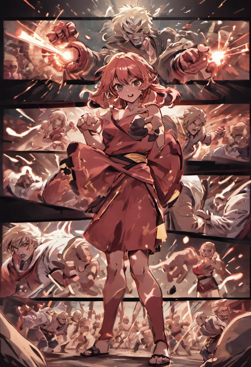 Manga Storyboard: 1.8, Manga Layout, "Martial Arts Matches, Battle between man and woman", Outdoor Arena, Bare-handed fist fights, fighting spirit, Kamehameha, accurate anatomy, (isolation: 1.1), (Reflected Light: 1.2), glass, super detailed, Convoluted, oil on canevas, Dry brush, detail Enhanced, Dynamic Poses、dynamic compositions、Detailed finger、Detailed hand、A detailed face、32K , hyper HD, Comic Panel Layout, Voice bubbles, english text, Hand-drawn audio stickers used in cartoons, Spoke Heart, Read the ellipsis, Spoke question mark, Read an exclamation point, Read notes aloud, Otherworldly, 1990s style ), Effect Lines