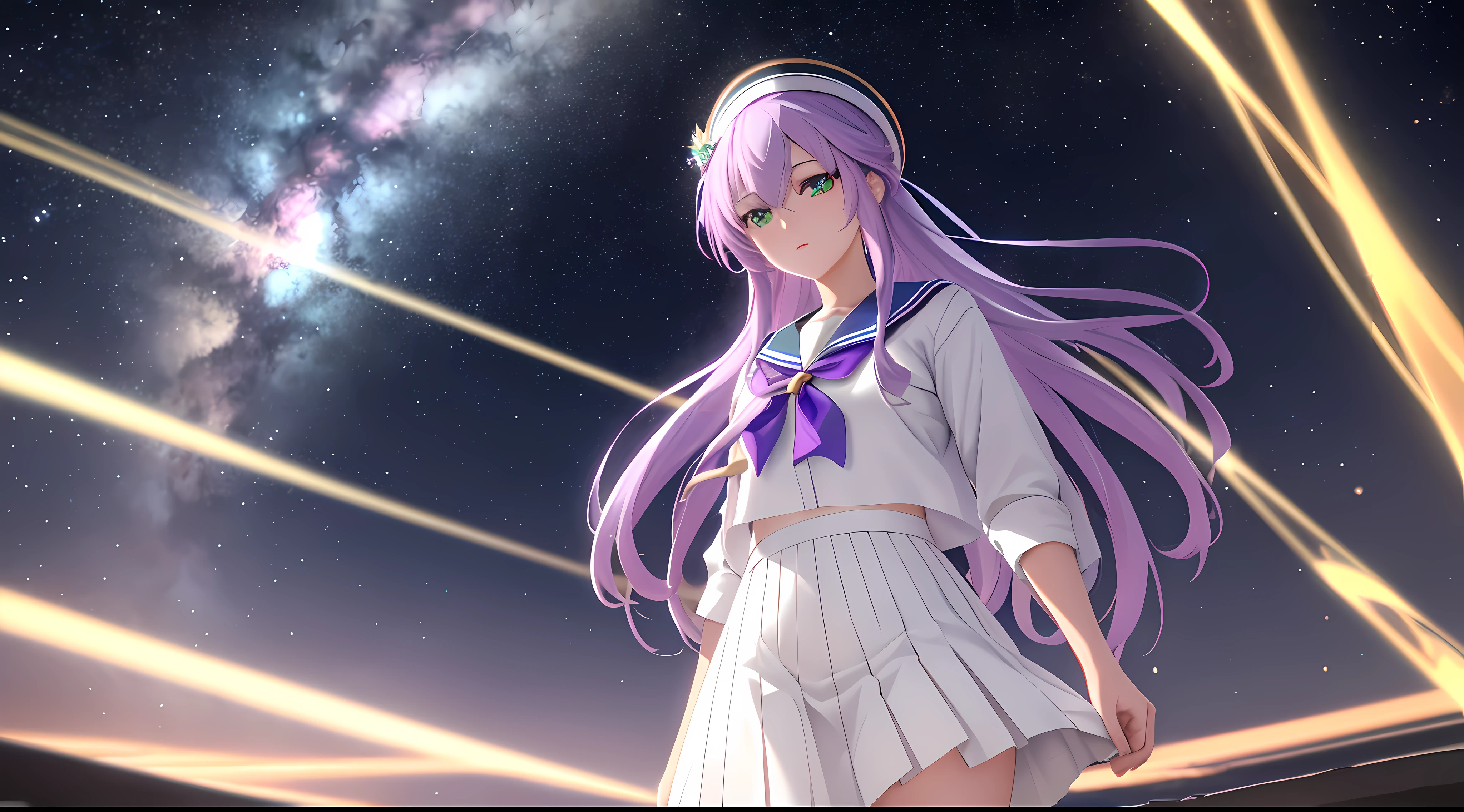Athena with plain long light purple hair,hair between eyes,green eyes,rosy cheeks,full lips,thin eyebrows,slender body,wearing sailor uniform and full long skirt,cute anime girl,full body,desert night sky nebulae in background,anime style,Lumen Reflections,Screen Space Reflections,Diffraction Grading,Chromatic Aberration,GB Displacement,Scan Lines,Ray Traced,Anti-Aliasing,FXAA,TXAA,RTX,SSAO,Shaders,OpenGL-Shaders, GLSL-Shaders,Post Processing,Post-Production,cell Shading,Tone Mapping,CGI,VFX,SFX,insanely detailed and intricate, 4K,standing, solo, masterpiece, best quality, detailed face, detailed eyes, highres, standing, solo,masterpiece, best quality