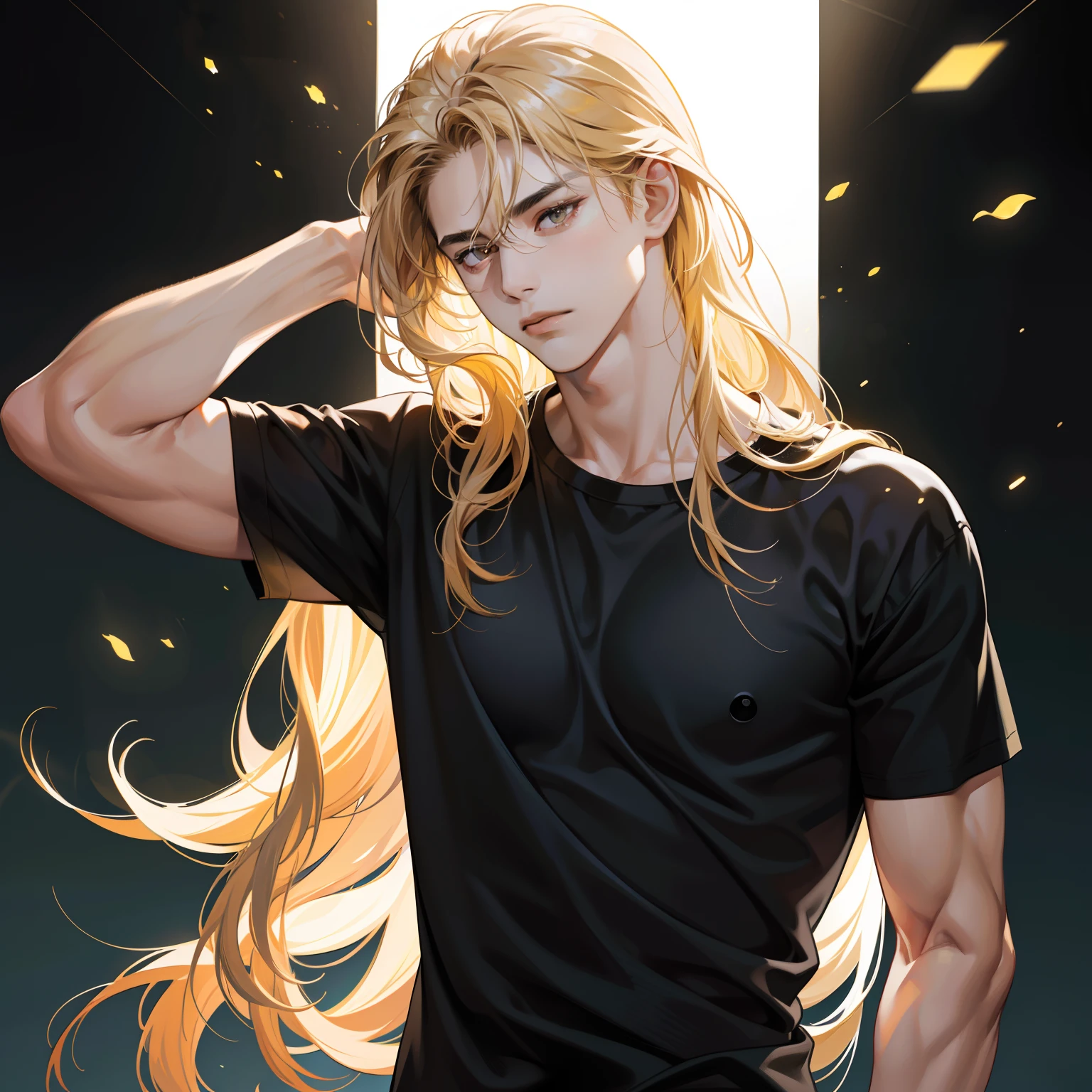 Masterpiece, high quality, best quality, HD, realistic, perfect lighting, detailed body, 1 man, yellow long hair, face expression, black t-shirt, thunder background.