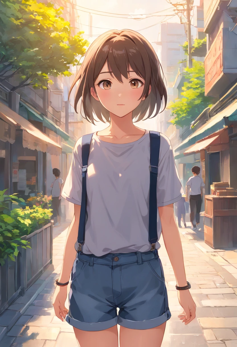 Suspenders,Stylish and handsome,Wide back straps,Grey denim shorts,Slender legs,Black high-top canvas shoes,Tall and tall,Brown hair long,Flutter in the wind,Slightly fluffy,Spontaneity and naturalness,Deep eyes,Bright as a star,Grey stud earrings,Small silver ring,Playful and cute,Bustling street,Beautiful landscape,Add vitality,Filter:a warm color palette,Reflex the skin,Bright sunshine,Soft shadows,Highlight the vitality and youth of girls