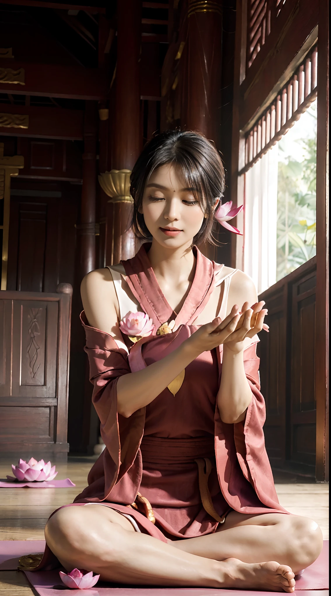 (Small underboob,Tomboyish,small heads)), (perfect bodies: 1.1), (shoulder length straight short black hair: 1.1),极其细致的CG 8k壁纸），（Extremely refined and beautiful），（masterpiece），（best qualtiy：1.0），（超高分辨率：1.0）,upper body，[A high resolution],a beautiful girl,cheerfulness，smile,(Smooth and flawless fair skin:1.5),(shiny skin:1.5),ultra - detailed ，Elongated legs,collar,Slim,thin,(Maxi red monk's robe that can completely cover the body:1.5),(Temple Hall background:1.4),Close shot，midday sunlight,(upright yoga lotus Sitting:1.5),(sitting on a A large pink lotus putuan:1.5),(close eyes:1.3),(female orgasmic:1.3), (blush:1.3),(put palms together devoutly:1.3),meditating,from front,(cowboy shot:1.5)