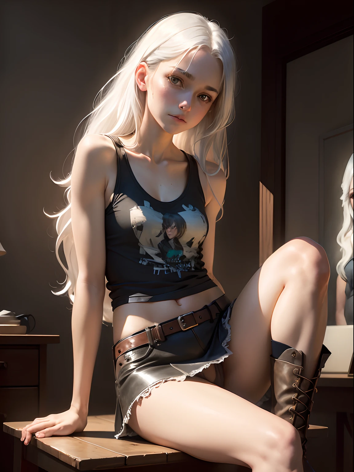 (Front Focus),(In the Dark:1.6), Hyperrealist portrait of female by david hockney and alphonse mucha,Fantasy Art, photographrealistic, Dynamic lighting, art stations, poster for, Volumetric lighting, extra detailed face, 4 k, awardwinning,, 1girl in,tiny chest, In the Dark, deepshadow, lowkey,Cowboy Shot,(official clothing:1.4) ,Long hair,White hair,thin ankles,Skinny Legs,Leather skirt,Laced boots,Sleeveless tank top,Sit on a wooden chair,White panty,pretty pose,open one's legs,