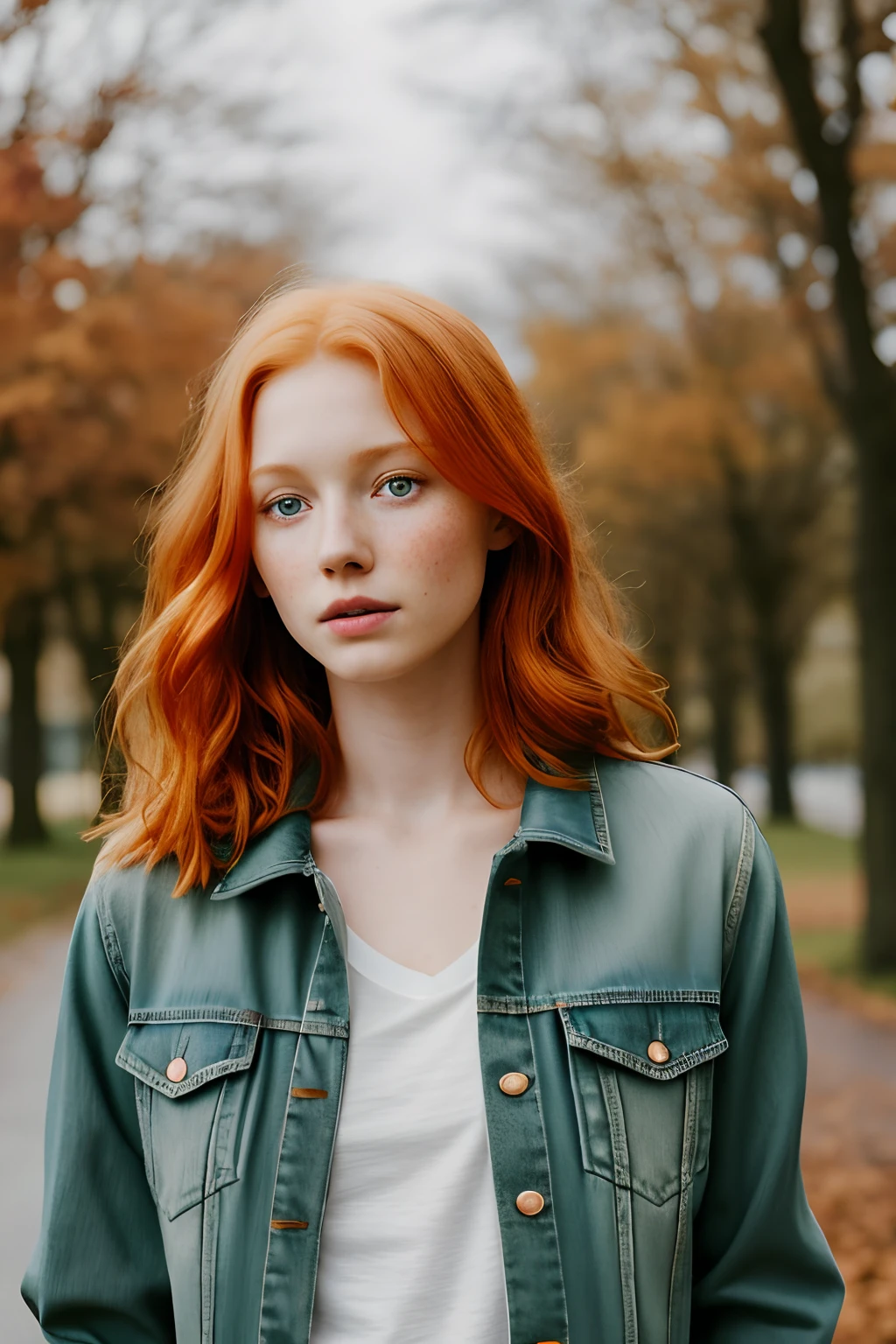 1girl in, 19, Solo, Aesthetic artwork, irish  redhead, wavy ginger hair, shoulder length ginger hair, gray eyes, light grey eyes, some small freckles, pale skin, A-cup, small breasts, runners body, (textured skin, skin pores:1.1), (moles:0.8), imperfect skin, goosebumps, outside in city park, stone path, no leaves on trees, late fall weather, (extremely detailed 8k wallpaper), soft lighting, high quality, film grain, Fujifilm XT3 sharp focus, f 5.6, 50mm, High Detail, Sharp focus,(natural light), green khaki jacket, wearing a jacket, wearing blue jeans, crazy details, complex details, hyperdetailed